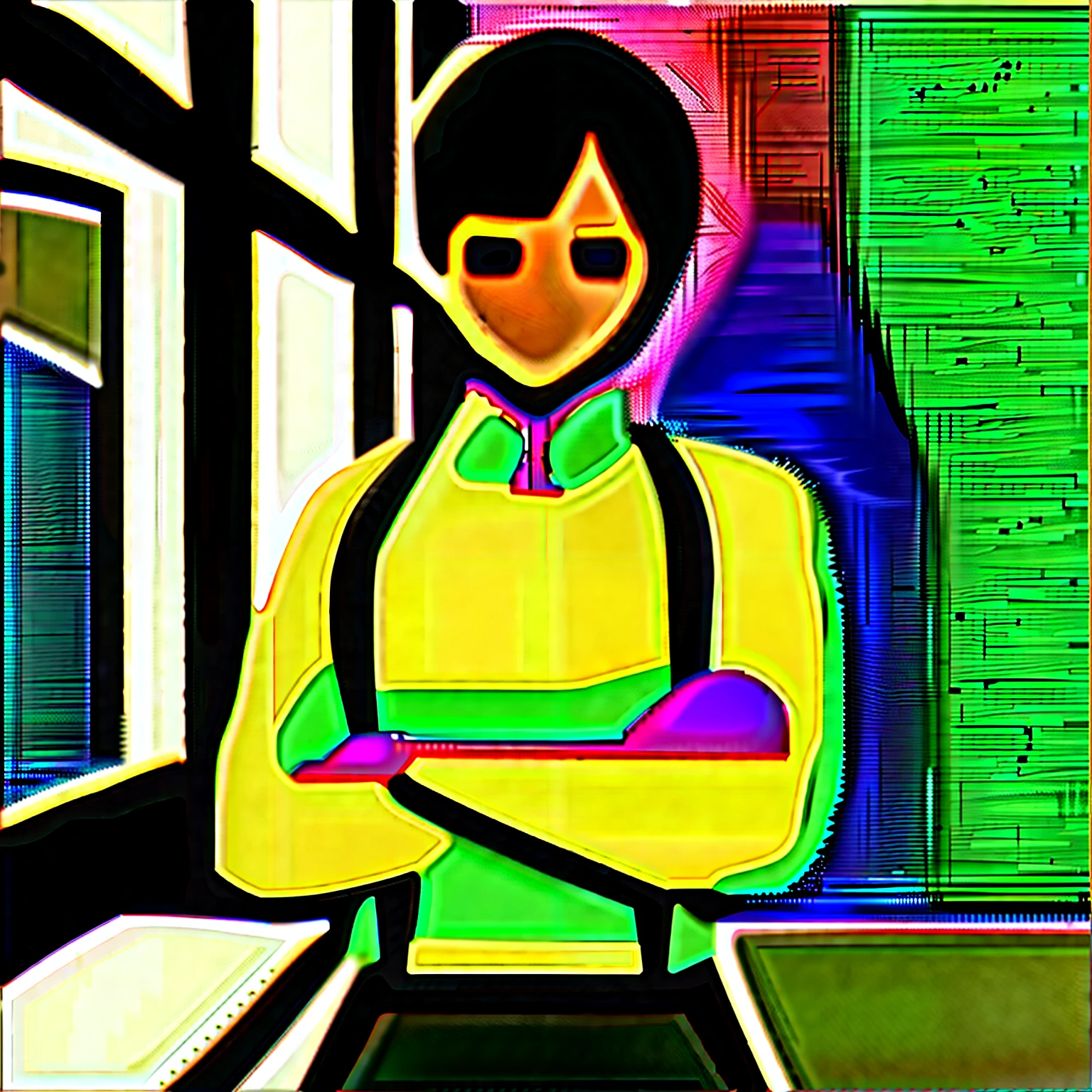 ridiculous resolution, very high resolution, (masterpiece: 1.4), hyper-detail, classroom, young man with messy black hair, white suspenders, mocking smile expression, crossed arms