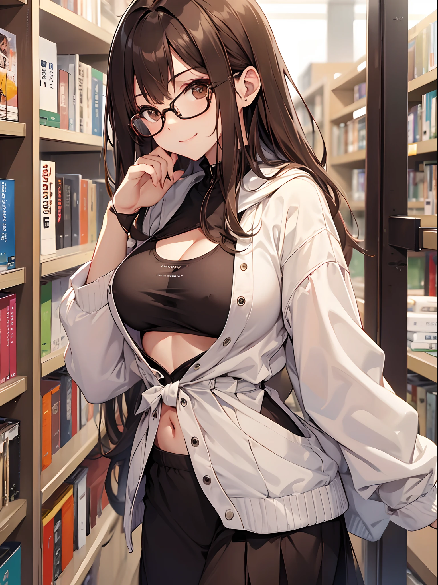 1 female、brown haired(Curta)、Brown eyes、Black-rimmed glasses、Best Quality、ultra-detailliert、8K resolution、Raw photo、masutepiece、seductive boobs、gorgeous faces、Perfect body、a smile、atlibrary、Reading