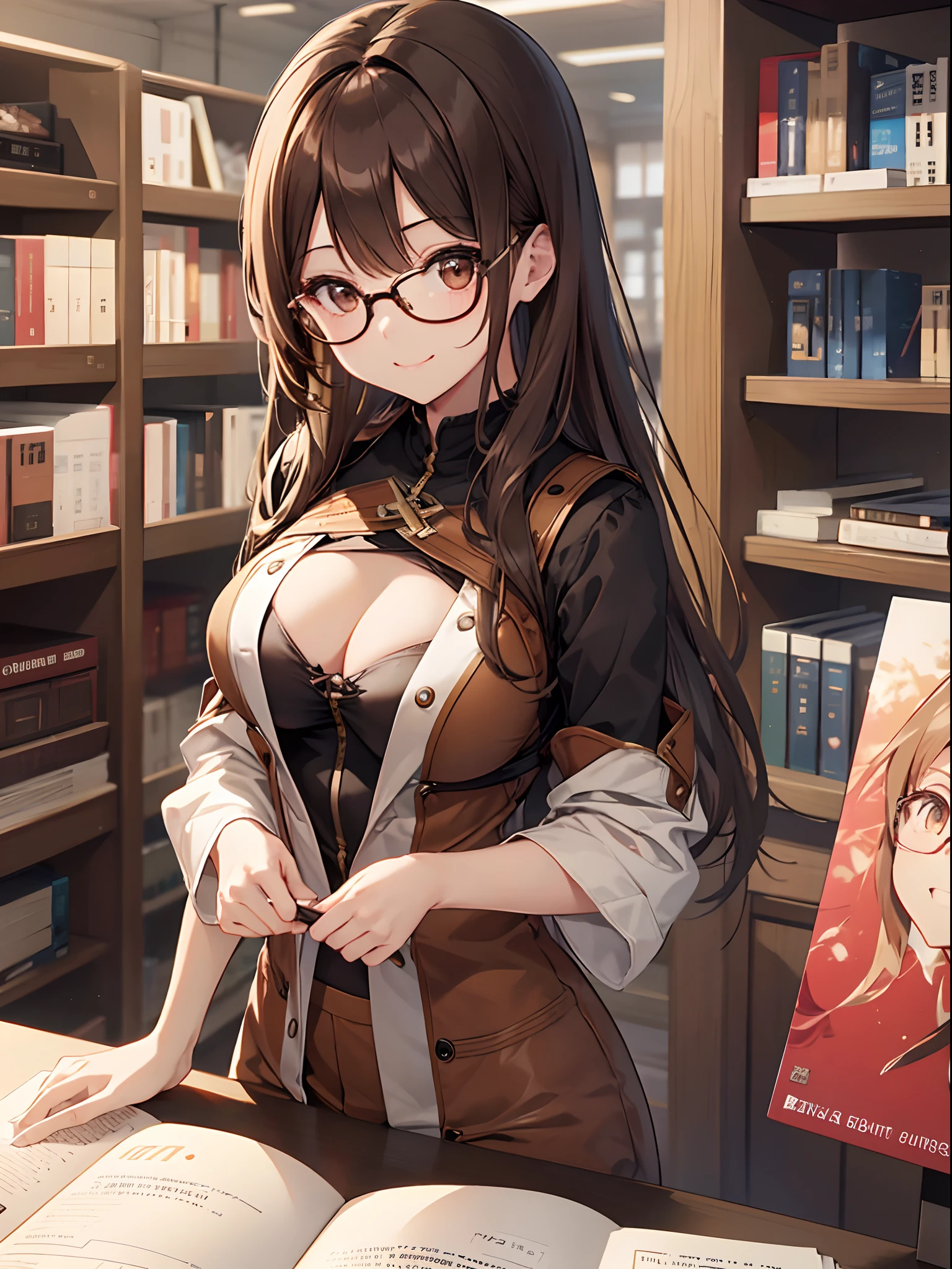 1 female、brown haired(Curta)、Brown eyes、Black-rimmed glasses、Best Quality、ultra-detailliert、8K resolution、Raw photo、masutepiece、seductive boobs、gorgeous faces、Perfect body、a smile、atlibrary、Reading