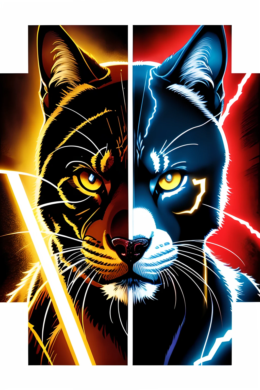 face to face left half dog and right half cat, 2 sides of the image, in the style of todd mcfarlane, mirrored realms, close-up intensity, captivating gaze, marvel comics, dynamic graphic novel, photorealistic scenes, detailed comic book art, light gold and red, large-scale canvas impact, comiccore, flawless line work, heavy shading, epic, realistic depiction of light, 8k resolution, chiaroscuro mastery --ar 21:9 --s 1000 --niji 5
