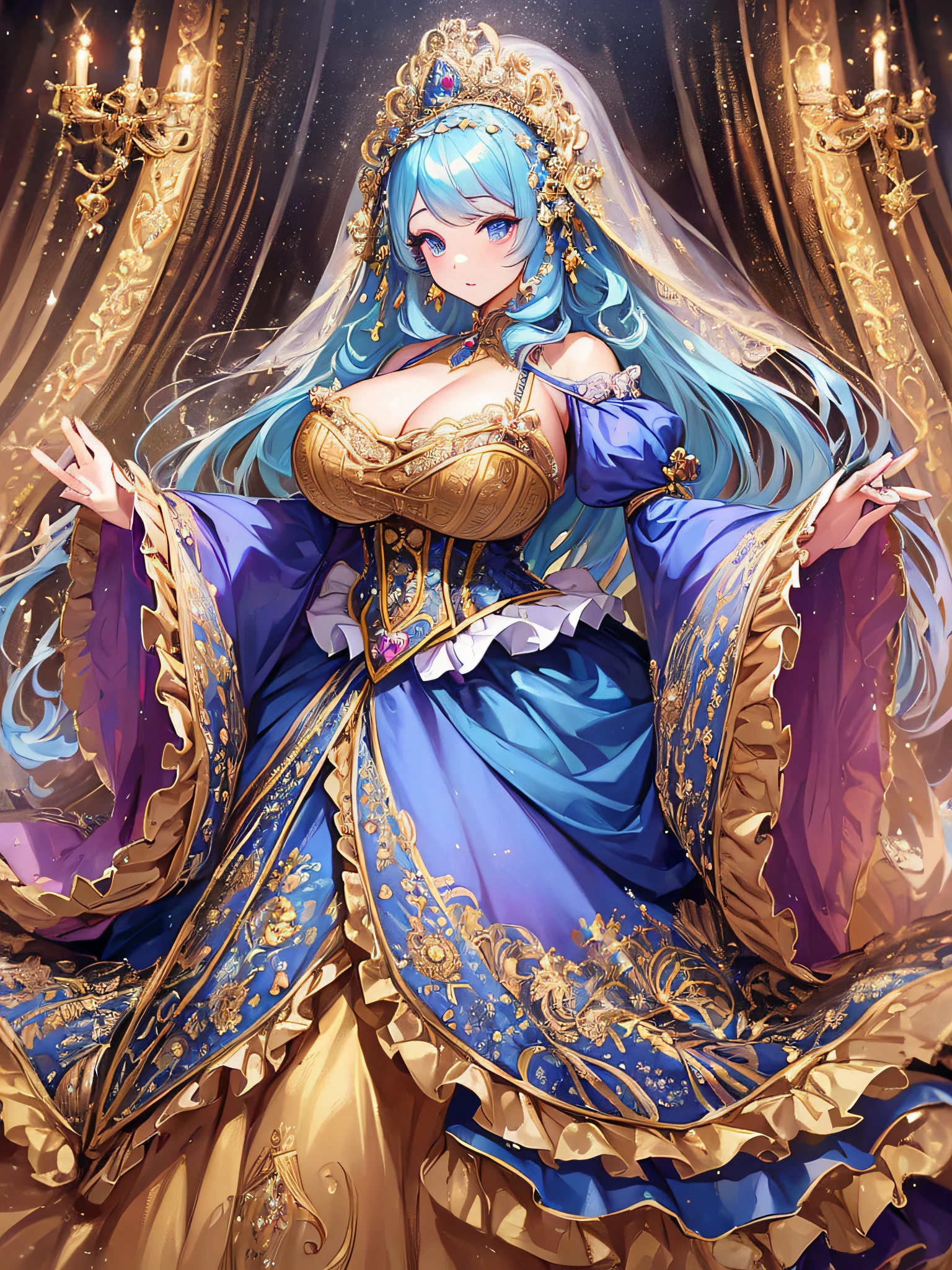 anime artstyle,Masterpiece,Best Quality,Super Detail,Very Delicate and Beautiful,Solo,full body,full body portrait,((1 princess in a jeweled rococo ballgown with beautiful embroidery)),(((very gigantic tits))),cleavage,Skindentation,((fantasy castle,outdoor)),((crinoline,long train)),super detailed gorgeous princess ballgown with voluminous full length hoop skirt,gorgeous princess rococo ballgown with long train,gorgeous princess rococo ballgown with beautiful embroidery and jeweled,(detailed face and eyes),jewel-like eyes,((extremely voluminous straight Hair,Extremely Long Straight Hair)),extremely gorgeousfull hair ornament,(bling-bling extremely gorgeousfull jeweled tiara),luxurious jewelry,((beautiful embroidery and jeweled gorgeous princess rococo ballgown with voluminous full length hoop skirt)),full body