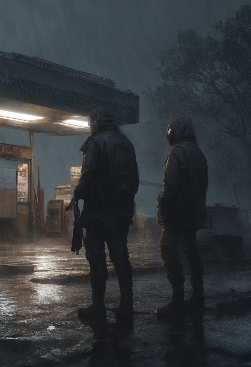 Gloomy night,Heavy downpours poured down,Gas station employees stared indifferently at the protagonist。Completely realistic, Full high resolution, Well made,detail-rich