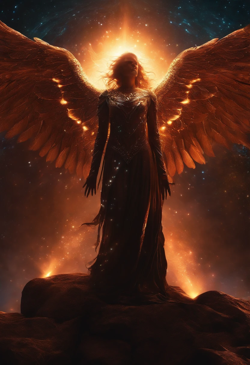 (cosmic fallen angel),(glowing light eyes),biomechanical,(eerie,creepy,nightmarish),(very bright colors),light particles,(light glowing:1.1),mshiff,wallpaper art,UHD wallpaper