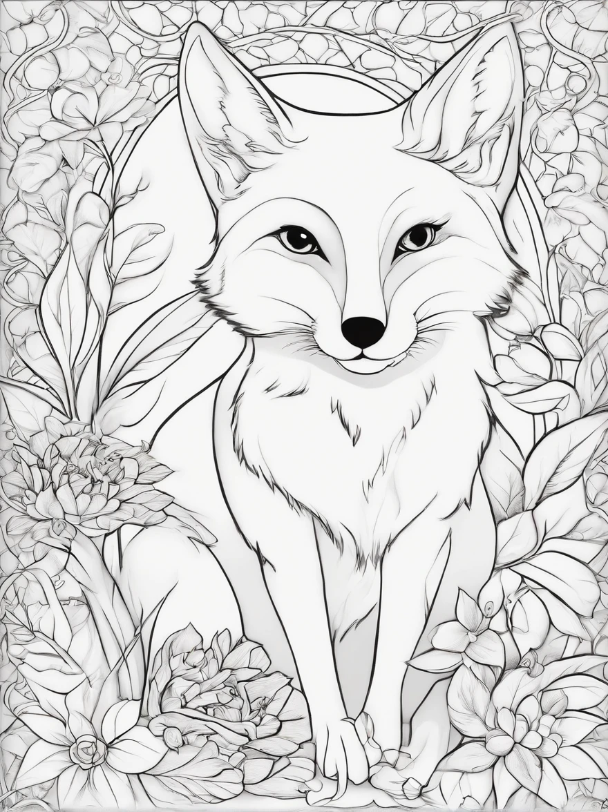(melhor qualidade, Altas, ultra-detalhado, Pencil sketch)(livro para colorir, ilustrado, preto e branco:0.9, linhas finas, hand-drawn, raposa bonita dos desenhos animados)(fundo branco, simples, Minimalista, limpo)(Outline only, sem cor, sem sombreamento, sem textura, unicolor;)(lovely expression, Grandes olhos brilhantes, orelhas arredondadas, patas pequenas)(cauda curva, playful pose)(Bigodes, nariz rosa, boca pequena)(cara de raposa cartunesco, expressive characteristics)(estilo dos desenhos animados, bonito e animado)(Fun and interactive coloring experience)(child friendly) (presente perfeito para os amantes de raposa)(Pleasant and relaxing activity)(encourages creativity and imagination)(proporcionar horas de entretenimento)(Bring the fox to life with your choice of colors)(ideal for stress relief and mindfulness)