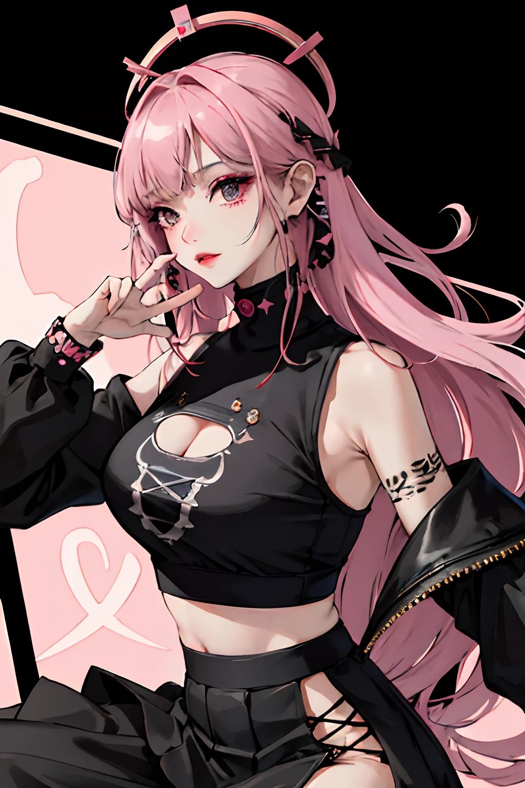 (masuter piece:1.2、top-quality)、(Live action、Intricate details)、(1lady、独奏、The upper part of the body、Colossal tits) garments: Edgy、Black jumper、Pink mini skirt、Avant-garde、Experimental appearance: Long pink hair、Dramatic makeup、Unconventional fashion choices behavior: Rebel、Runaway Ladies Leader、secretary-general、Black jumper、Pink mini skirt、Anti-system、Provocative Location: urban art district、Underground Music Scene Hobbies: Bad girl、Create mixed media art、Experiment with different subcultures values: individuality、authenticity、Creative Expression Inspiration: Runaway Ladies Leader、secretary-general、Counterculture icons、Nature: boldness、Unconventional。