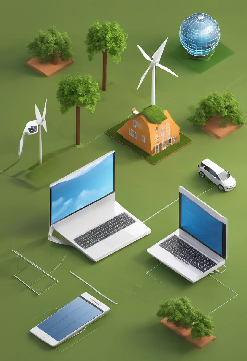 Isometric style, accurate 120 degrees, poly art, stylized 3D rendering, 3D stylized scene, a poster with a laptop, laptop, and a car connected to a solar panel, solar, solid, clean energy, teaser, excellent, omg, online, by Harold von Schmidt, renewable energy, sustainable, best on adobe stock, commercially ready, absolutely outstanding image, one, on simple background, sustainability, look at the details, in modern era, smart, cycle render