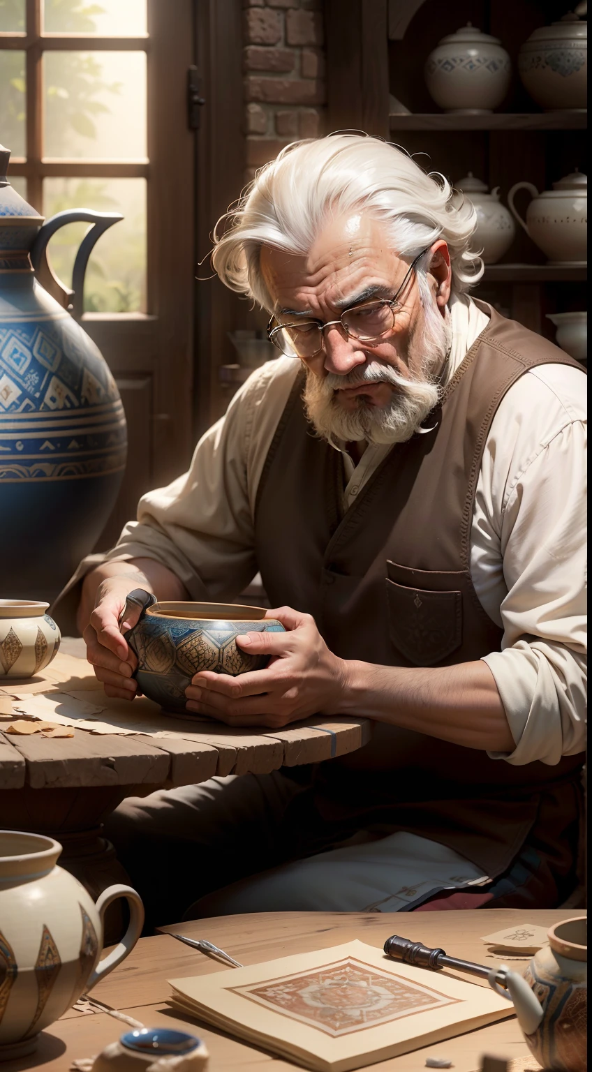Artistic Image:
Type of Image: Mixed Media Collage
Subject Description: Immerse yourself in the world of Persian Pottery as we observe an old Persian man seated behind a workshop table, dedicated to the craft of creating clay vessels. The man's face shows the wisdom and experience that comes with years of honing his artistic skills. The workshop is filled with fragments of broken pottery, strewn around him, telling stories of countless creations. The ambiance is dim, with the warm glow of sunlight streaming through the windows, casting a mesmerizing play of light and shadow. The scene radiates a serene and contemplative atmosphere as the old man carefully molds the clay, his hands guided by a lifetime of knowledge. Each vessel he creates showcases the artistry and cultural heritage of Persian pottery.
Art Styles: Persian-inspired, Mixed Media Collage
Art Inspirations: The mixed media collages of Lalla Essaydi, the intricate designs of Persian pottery, and the traditional craftsmanship of Persian artisans.
Camera: Long shot
Camera Lens: 70mm