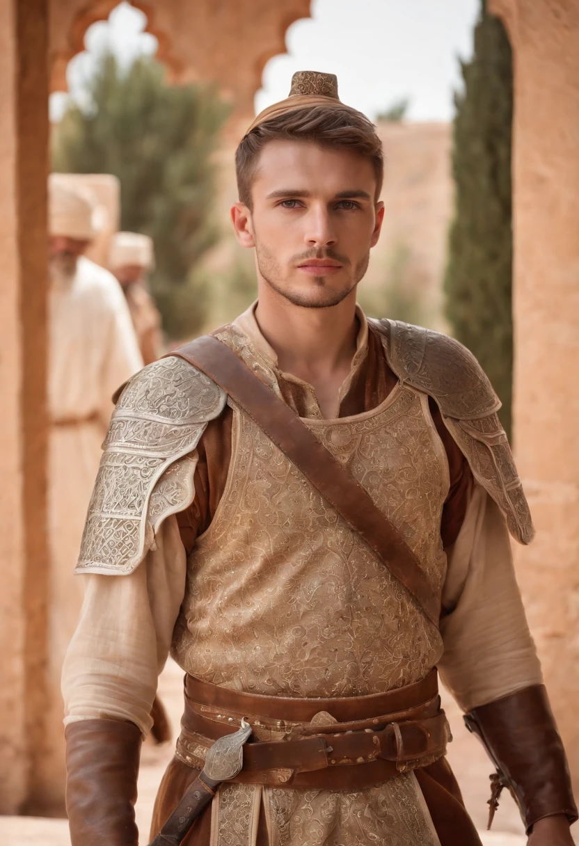 strong, A young man with brown and white hair, A slight beard and a full body dressed as a warrior standing in the palaces of Andalusia ,Moroccan mosaic,Moroccan Zellige,Islamic War Hat,The whole body looks at the camera holding a sword