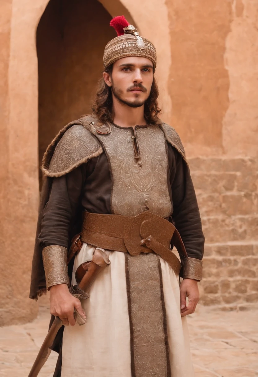 strong, A young man with brown and white hair, A slight beard and a full body dressed as a warrior standing in the palaces of Andalusia ,Moroccan mosaic,Moroccan Zellige,Islamic War Hat,The whole body looks at the camera holding a sword