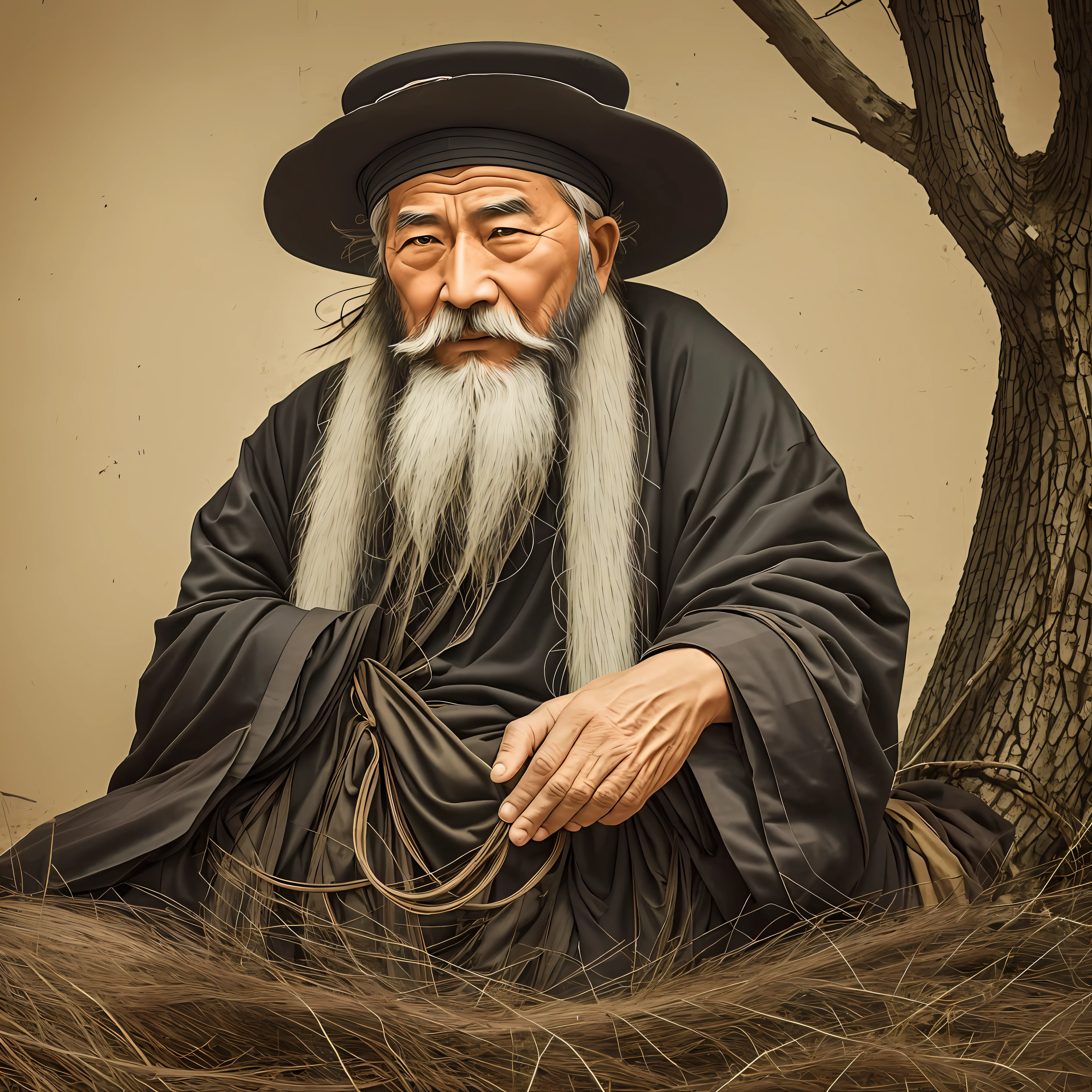 Close-up of a man with a long beard and beard, an old man from a deep mountain and old forest, an old man sitting on a bench with a beard and a hat, a Taoist priest, an old Chinese Taoist priest, peaceful expression, rough face, looks old, looks thin, clothes are old, holding crutches in his hand, inspired by Taoist master Wu Daozi, Taoist priest, Chiba Xiongda, inspired by Cao Zhibai, inspired by Hu Zaobin, inspired by Li Gonglin, inspired by Zhao Mengfu, Zhigong --auto --s2