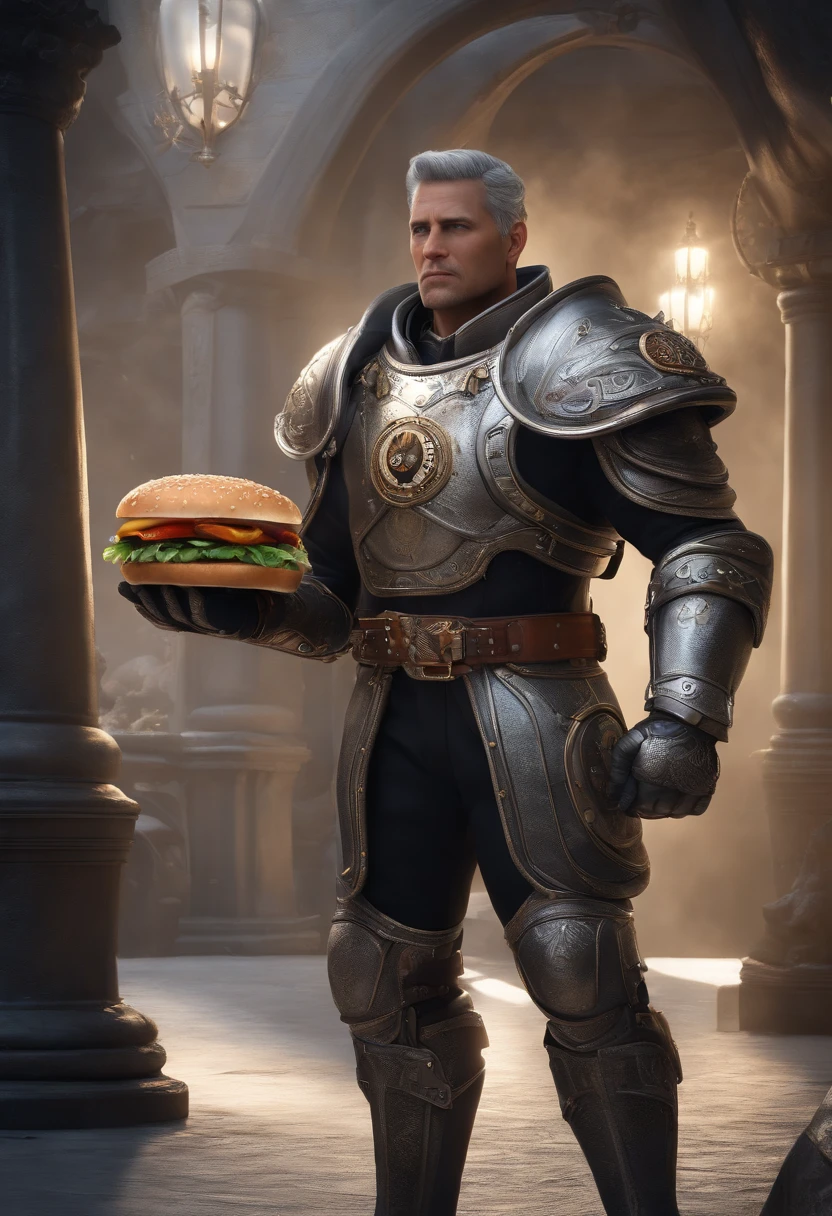 ((best quality)), ((masterpiece)), (detailed), A steampunk RUGBY PLAYER with burger king burger, (muscular:1.2), cowboy shot, portrait, armor, [grey | dark | grey hair], meccog, cog, 5 fingers, detailed hand, QuickHands, highly detailed eyes, look at distance, winter, snow, hyperrealism, rim lighting, fantasy scifi creature, hyper realistic, steampunk, intricate design, insanely detailed, (cinematic, ultra HD textures, highly detailed, intricate detail, photorealistic, concept art, matte painting, autodesk maya, vray render, ray tracing, hdr)