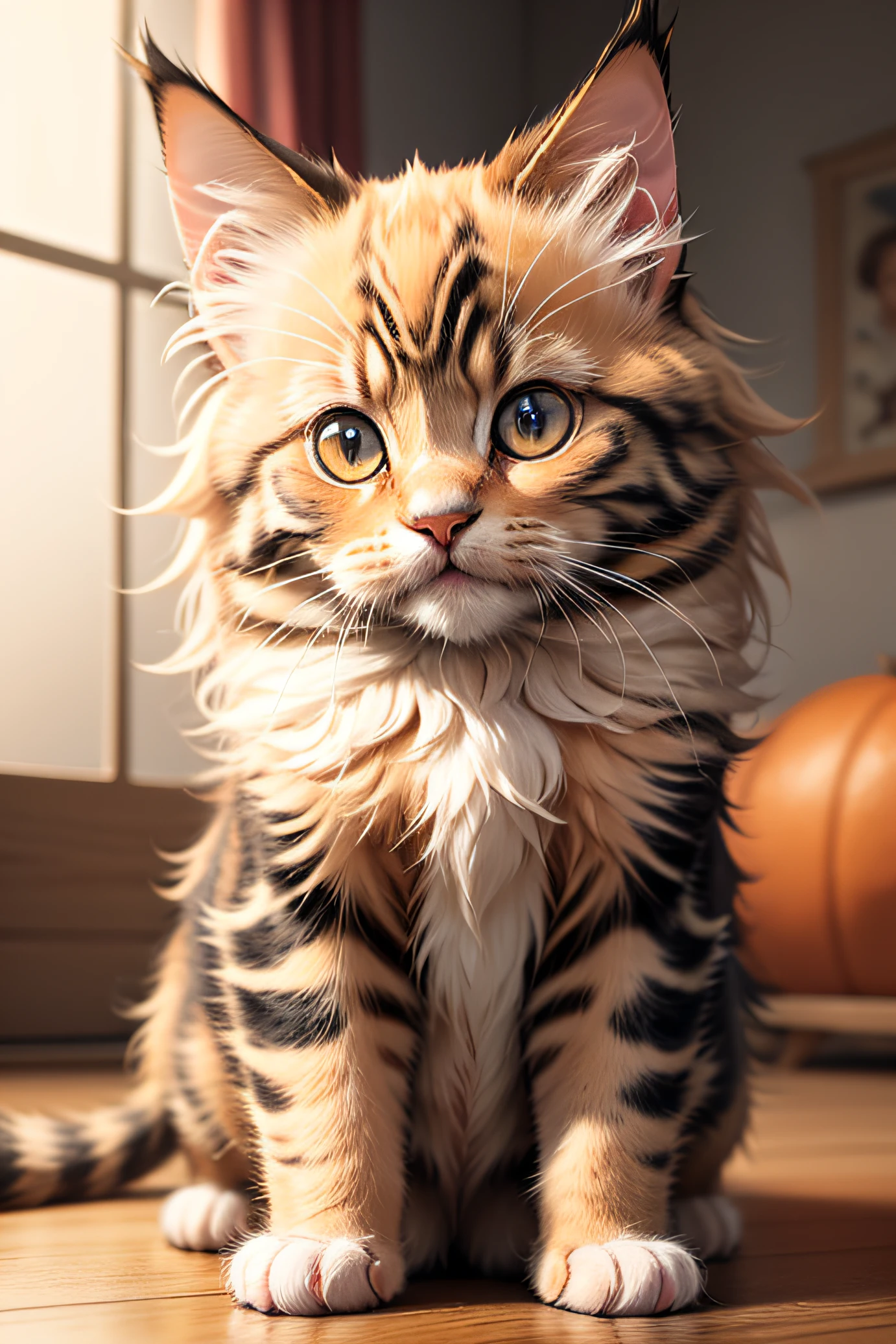 Cute Mainecoon, cute kitten, Mainecoon, orange color, masterpiece, high quality, high details, ultra-detailed, photorealistic