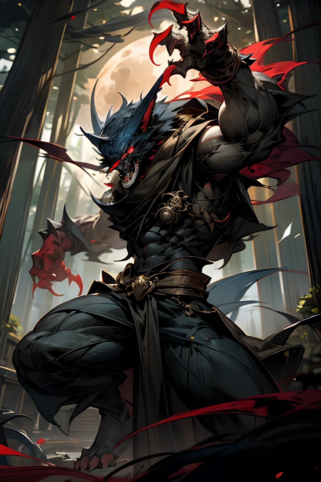 Moonlight, werewolf, martial artist, glowing red eyes, muscles, long claws, tail, forest, blue flash