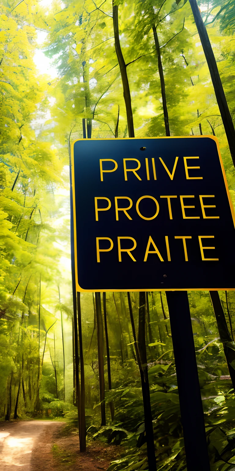 There is a sign that says private property, (Digital Art), Private area, black sign color, yellow letters, held by chains, middle of a forest