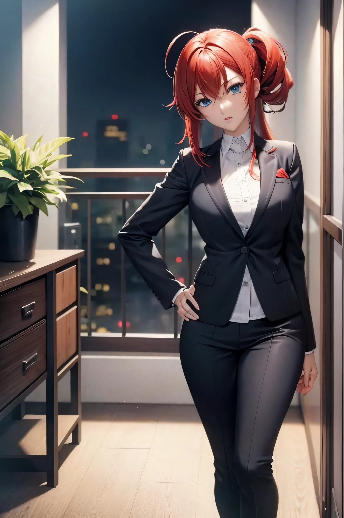 (masterpiece, best quality, detailed),1girl,rias gremory,red hair, ahoge, blue eyes, large breasts , in a business suit standing in a room, office clothes,seductive anime girl, (sfw),smooth anime cg art,high detailed official artwork, girl in a suit, casually dressed, girl in suit, attractive anime girl,clean detailed anime art,high resolution, (perfect hands, perfect anatomy),