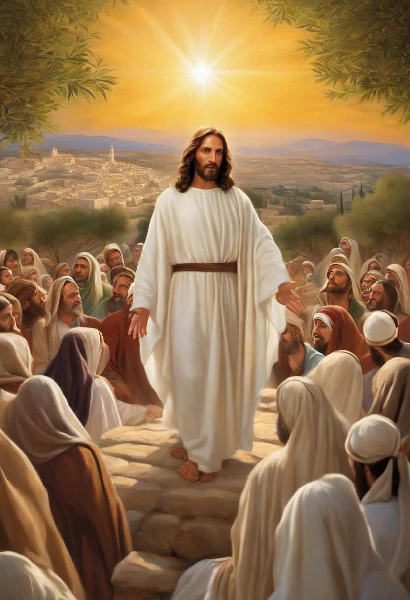 Jesus, dressed in a white robe, is standing at the top of the Mount of Olives. He is surrounded by a large crowd of people who have gathered to hear his words. The sun is shining brightly in the clear blue sky, illuminating the scene. The olive trees, green and leafy, surround the mount, creating a stunning landscape. Jesus has his hands raised, preaching to the crowd. The crowd is silent, listening attentively to his words.