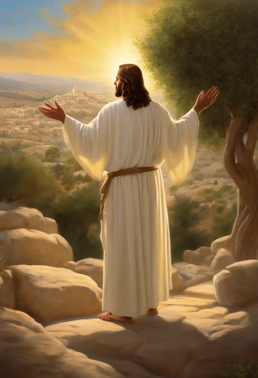 Jesus, dressed in a white robe, is standing at the top of the Mount of Olives. He is surrounded by a large crowd of people who have gathered to hear his words. The sun is shining brightly in the clear blue sky, illuminating the scene. The olive trees, green and leafy, surround the mount, creating a stunning landscape. Jesus has his hands raised, preaching to the crowd. The crowd is silent, listening attentively to his words.