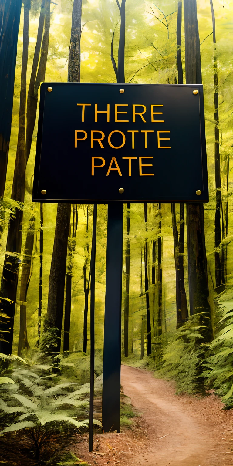 There is a sign that says private property, (Digital Art), Private area, black sign color, yellow letters, held by chains, middle of a forest