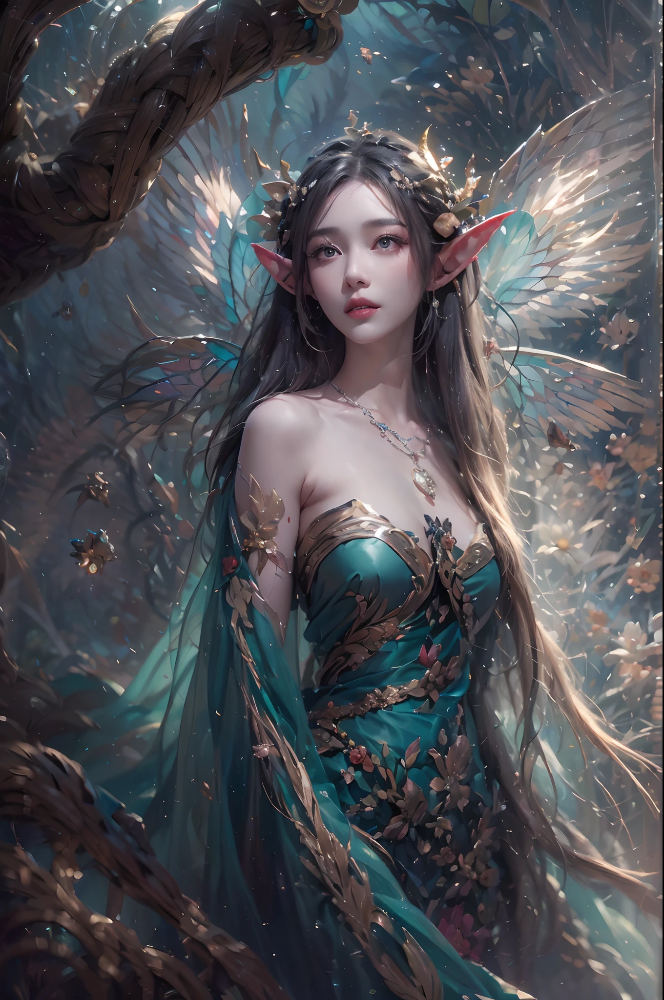 ( Absurd, High quality, Ultra-detailed, Masterpiece, concept-art, smooth, high detail artwork, Hyper-realistic painting ) , elf, Plum elf, plum , Transparent fairy wings, huge tit,low chest,fairytale-like, Romantic, Vivid, Whole body, In nature with waterfalls,PureErosFace_V1,Urzang-6500-V1 version.1,