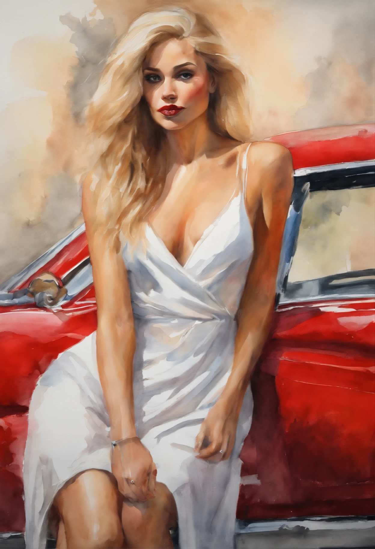(obra-prima, mejor calidad),1chica joven sensual rubia con cabello claro sentada en un Ferrari rojo, la mano debajo de la barbilla, warm lighting, vestido corto, primer plano borroso