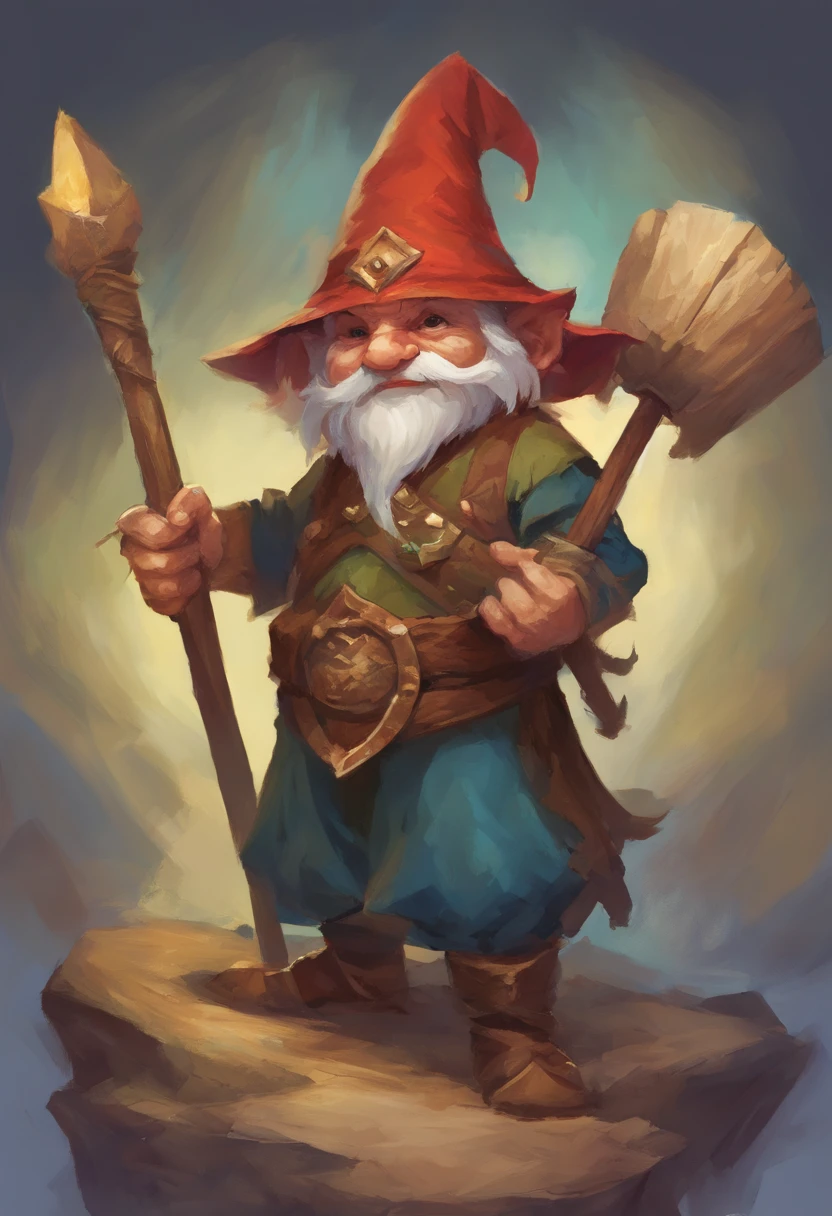 There is a painting of a gnome with a staff in his hand, gnomo, mago, bruxo sorridente, epic full color illustration, vestindo mantos de mago, mantos azuis, Tyler Edlin Arte de fantasia, troll, estilo de arte humblewood, high fantasy illustration, mago, Surpreendentemente detalhado d & D arte