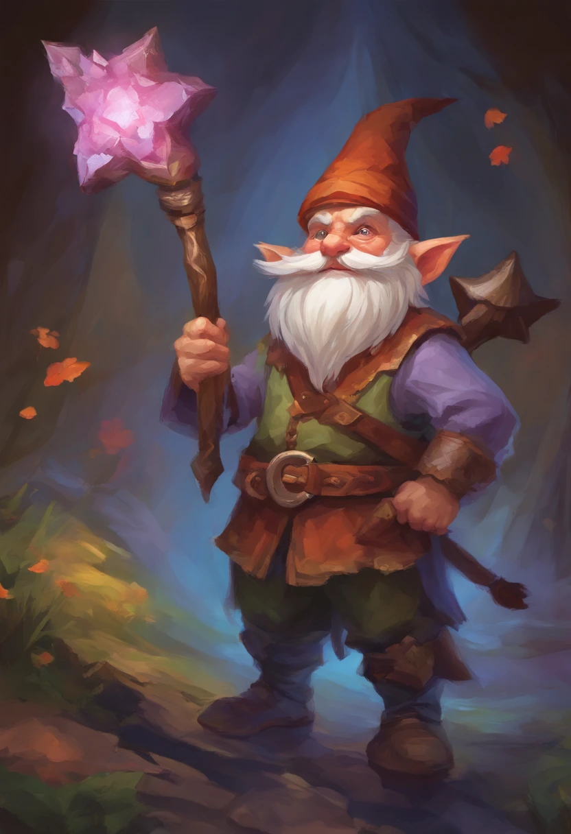 There is a painting of a gnome with a staff in his hand, gnomo, mago, bruxo sorridente, epic full color illustration, vestindo mantos de mago, mantos azuis, Tyler Edlin Arte de fantasia, troll, estilo de arte humblewood, high fantasy illustration, mago, Surpreendentemente detalhado d & D arte