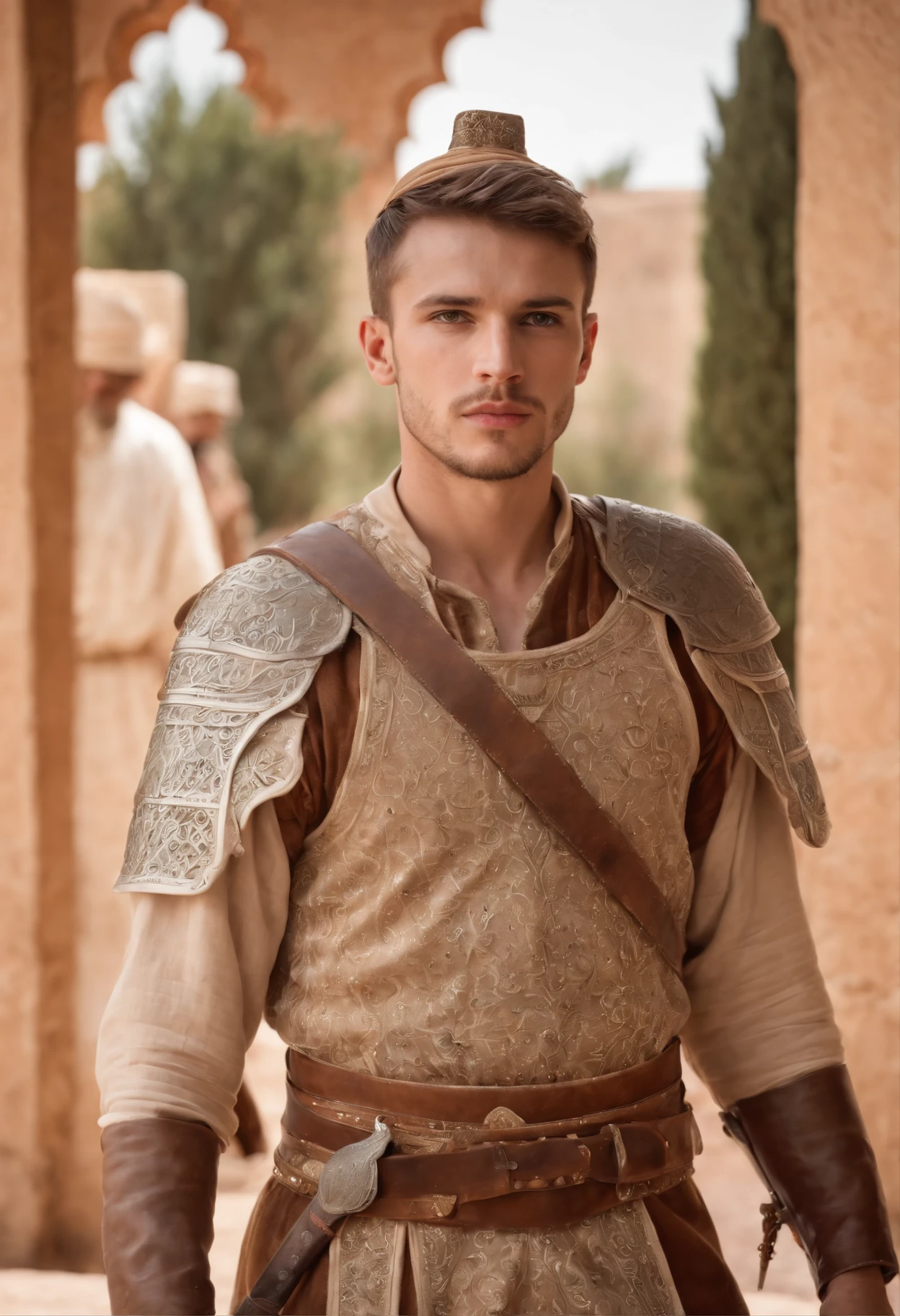 strong, A young man with brown and white hair, A slight beard and a full body dressed as a warrior standing in the palaces of Andalusia ,Moroccan mosaic,Moroccan Zellige,Islamic War Hat,The whole body looks at the camera holding a sword