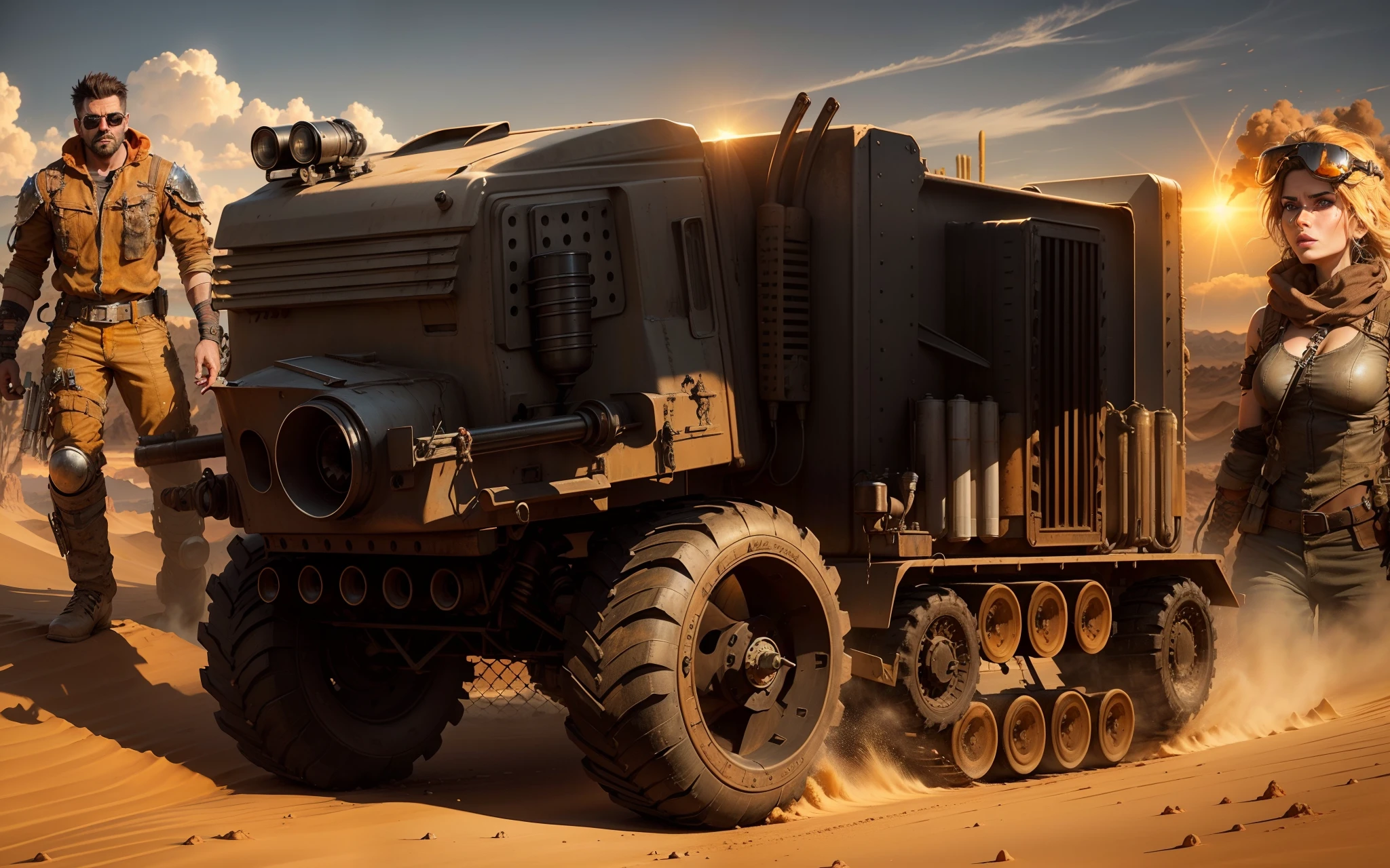An all-powerful Mad Max-style black truck with torpedoes and turbine, behind a pilot in Mad Max-style clothes and on the other side a beautiful Mad Max-style warrior woman and in the background a city in the middle of the desert with Mad Max-style buildings and constructions, The whole scene is in orange yellow hues of the dry desert with a sun shining in the sky