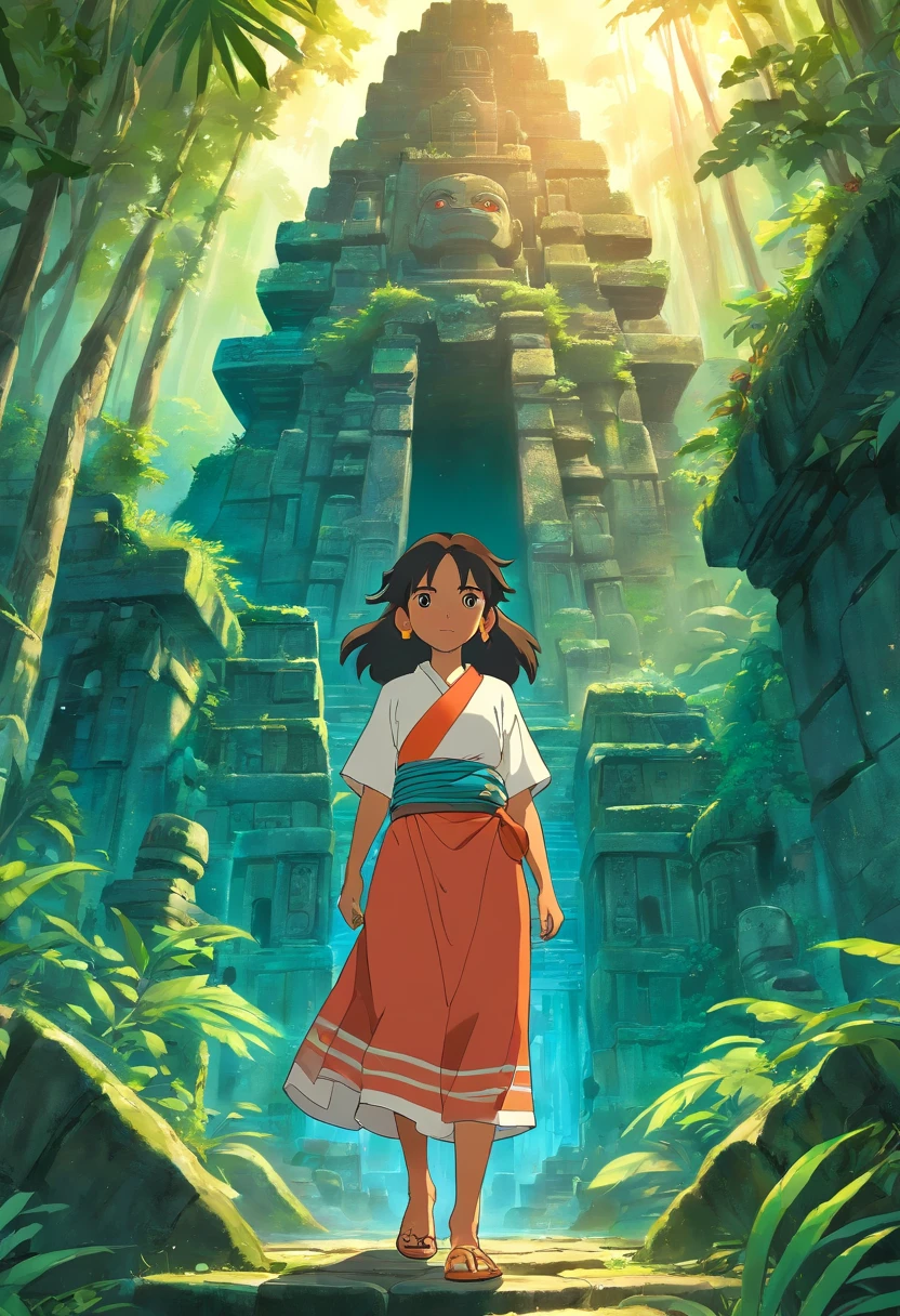 Generate a visual representation of a Mayan girl in an ancient environment, rodeada de selva tropical y templos en ruinas, With a mysterious aura that captures the spirit of the Mayan civilization