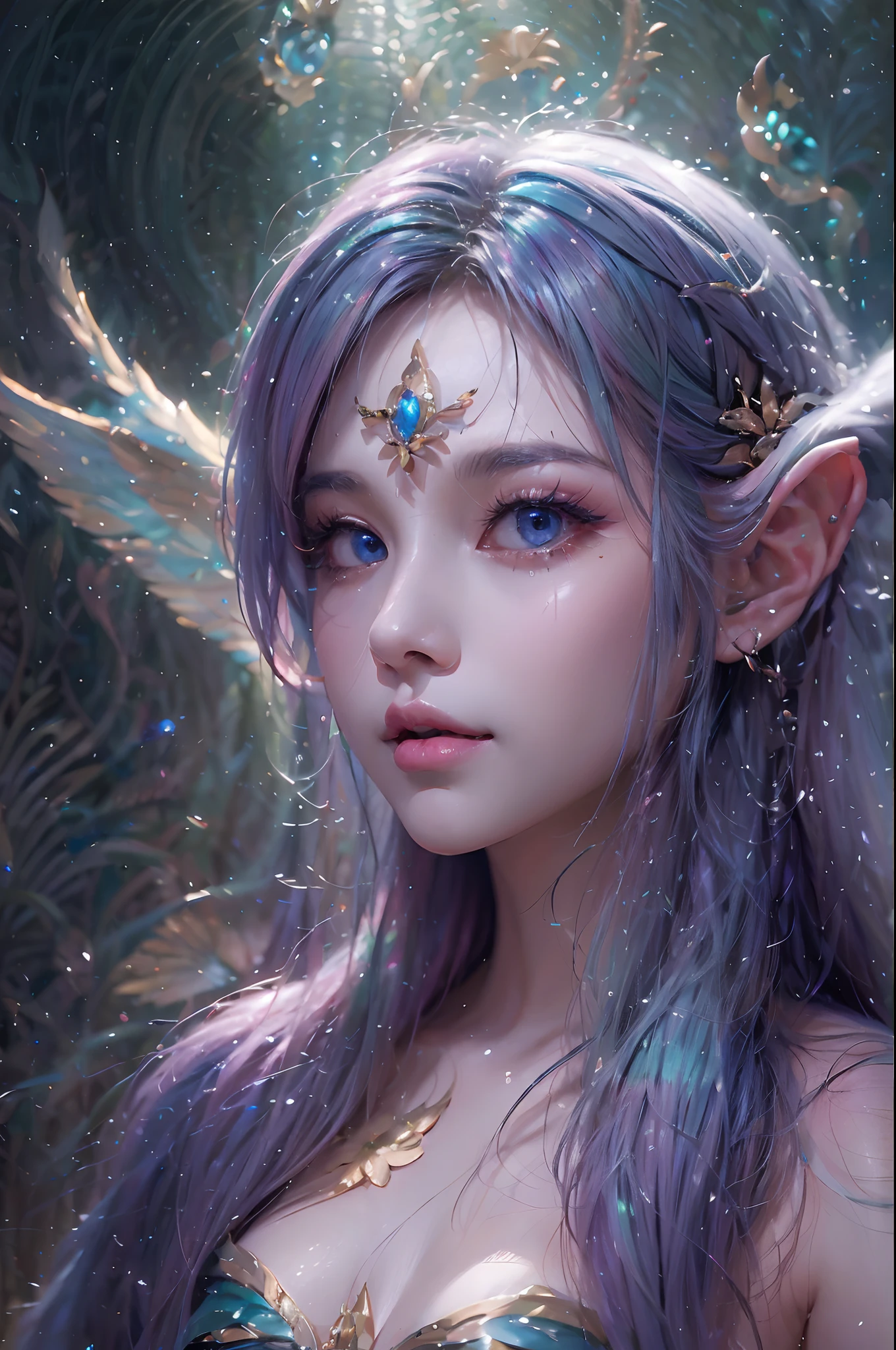 ( Absurd, High quality, Ultra-detailed, Masterpiece, concept-art, smooth, high detail artwork, Hyper-realistic painting ) , elf, Plum elf, plum , Transparent fairy wings, huge tit,low chest,fairytale-like, Romantic, Vivid, Whole body,hand behind back,Malu,largeeyes,(Eye focus),Cosmic eyes,Space eyes,In nature with waterfalls,PureErosFace_V1,Urzang-6500-V1 version.1,