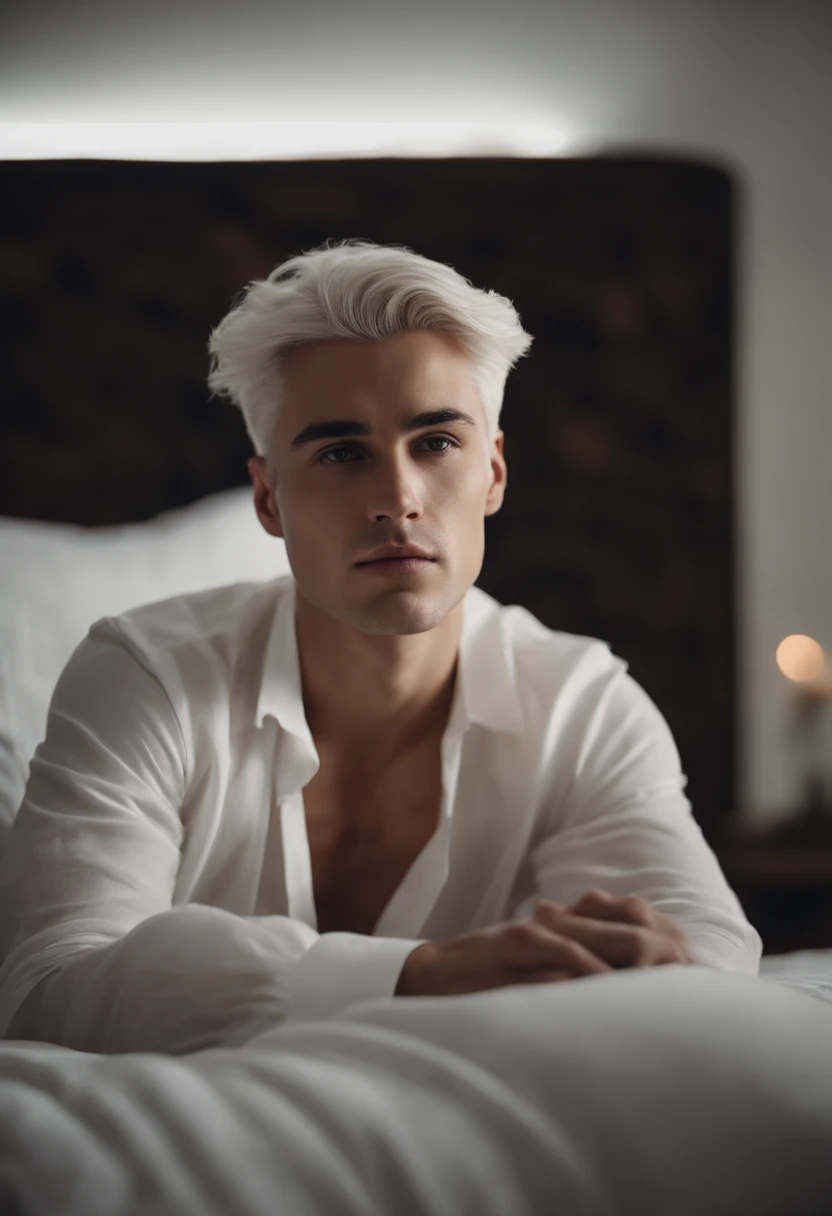 25-year-old male with white hair, two block haircut , dressed in a plain white blouse, lying on a bed, pensive expression