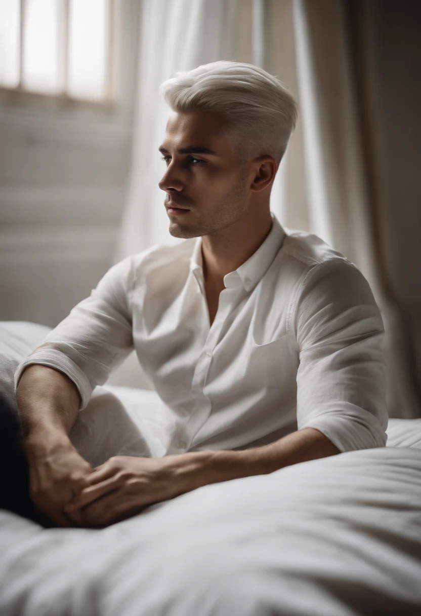 25-year-old male with white  hair, two block haircut , dressed in a plain white blouse, lying on a bed, pensive expression