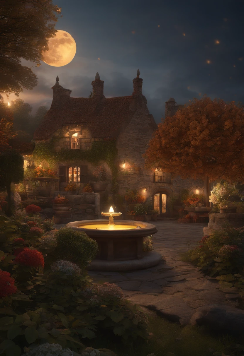 masterpiece, best quality, high quality, extremely detailed CG 8k wallpaper unit, scenery, outdoor, establishment, medieval tavern, autumn sky, autumn dusk, autumn-winter, overcast sky, big moon shining, award-winning photography, Depth of Field, HDR, flowers, water fountain, hydrangea, Photorealistic, extremely detailed, intricate, high detail, dramatic, art in the middle of the journey, trend in artstation, trend in CGsociety, chromatic aberration.