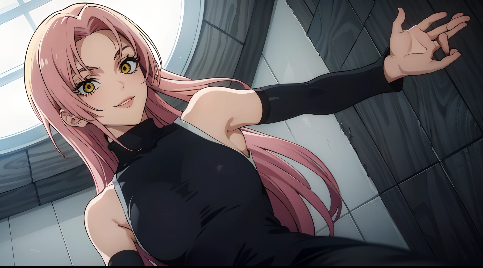 Masterpiece, Best quality, 1lady, ((solo)), long wavy curly pink hair, parted bangs, forehead, yellow eyes, smile, Jujutsu kaisen uniform, YukiTsukumo, female focus, sleeveless turtleneck