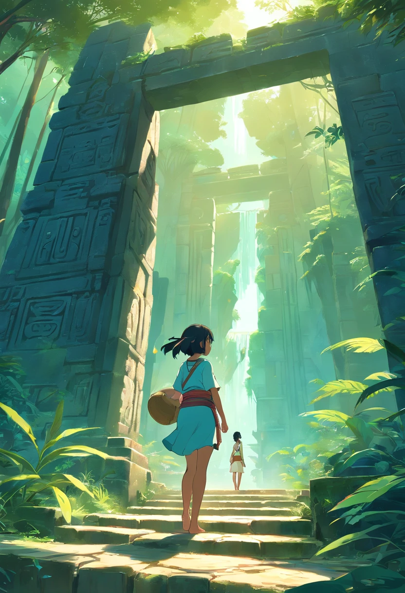 Generate a visual representation of a Mayan girl in an ancient environment, rodeada de selva tropical y templos en ruinas, With a mysterious aura that captures the spirit of the Mayan civilization