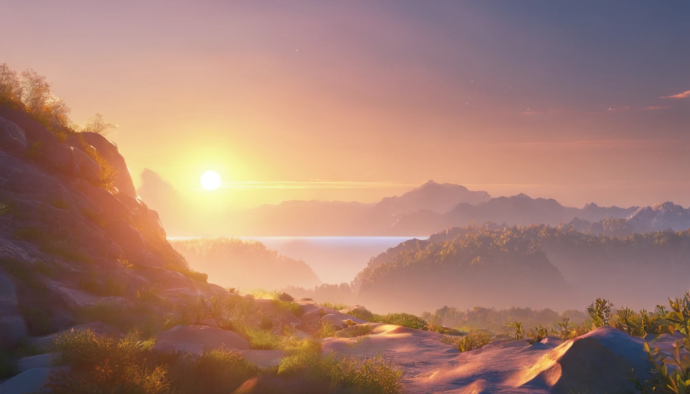 Create an image that captures the intensity of the newly created light, bathing the earth in a heavenly glow.