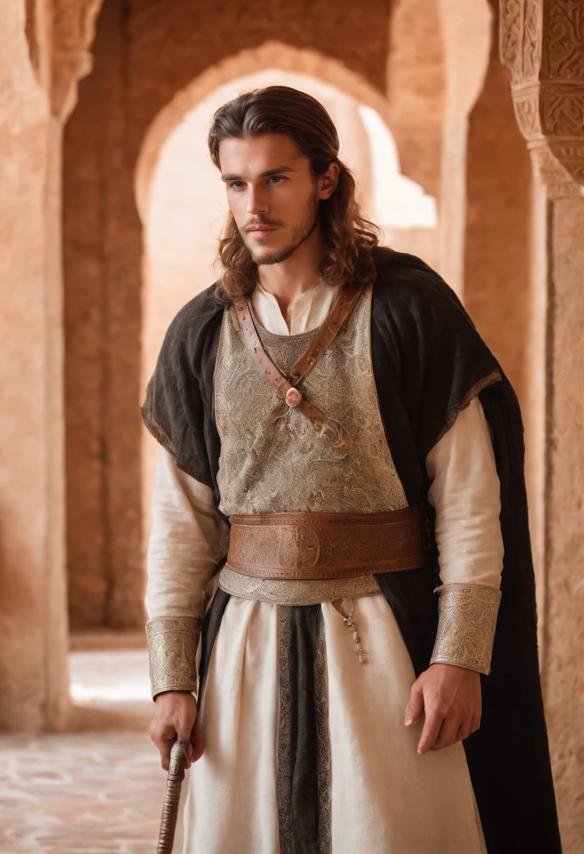 strong, A young man with brown and white hair, A slight beard and a full body dressed as a warrior standing in the palaces of Andalusia ,Moroccan mosaic,Moroccan Zellige,Islamic War Hat,The whole body looks at the camera holding a sword