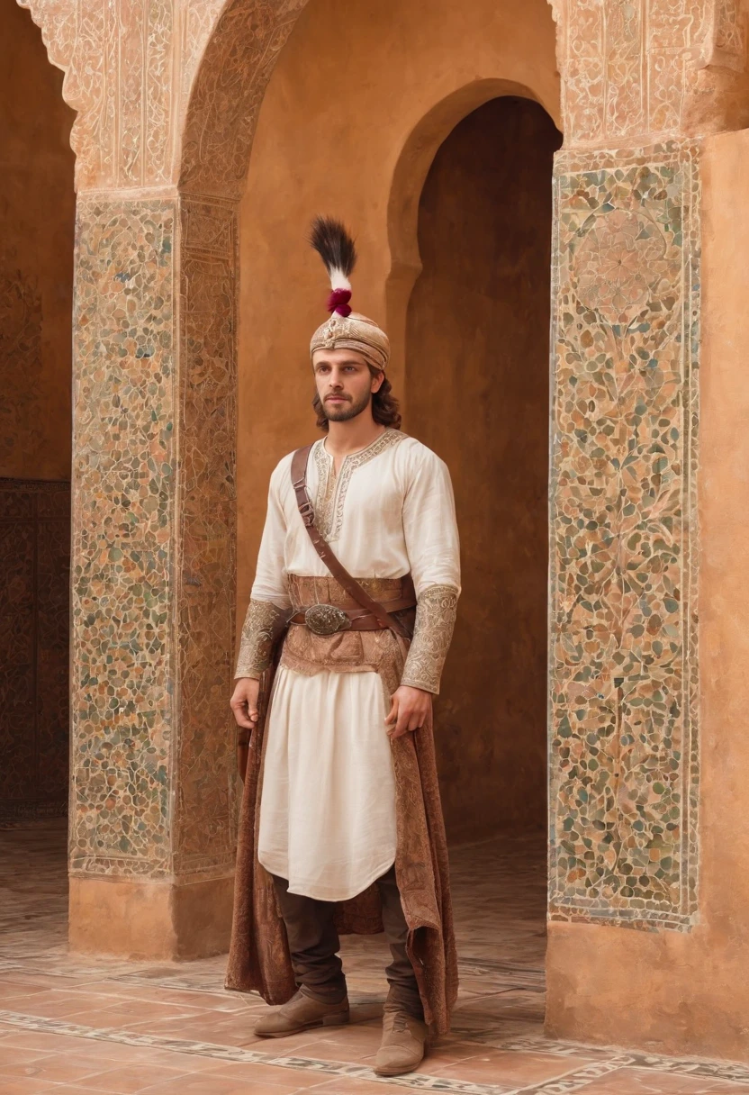 strong, A young man with brown and white hair, A slight beard and a full body dressed as a warrior standing in the palaces of Andalusia ,Moroccan mosaic,Moroccan Zellige,Islamic War Hat,The whole body looks at the camera holding a sword