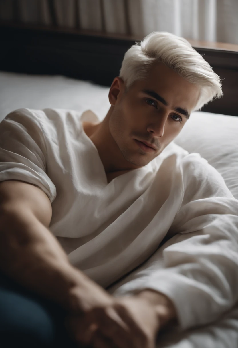 25-year-old male with white  hair, two block haircut , dressed in a plain white blouse, lying on a bed, pensive expression