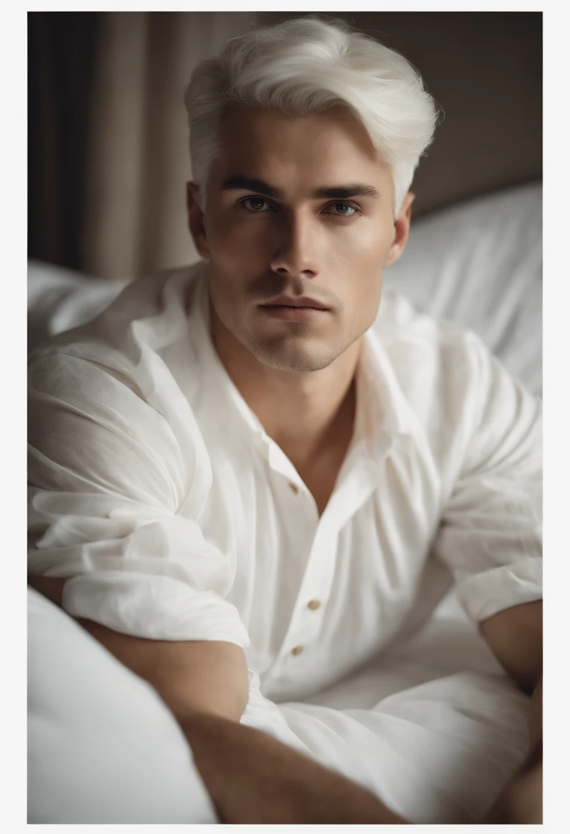 25-year-old male with white  hair, two block haircut , dressed in a plain white blouse, lying on a bed, pensive expression