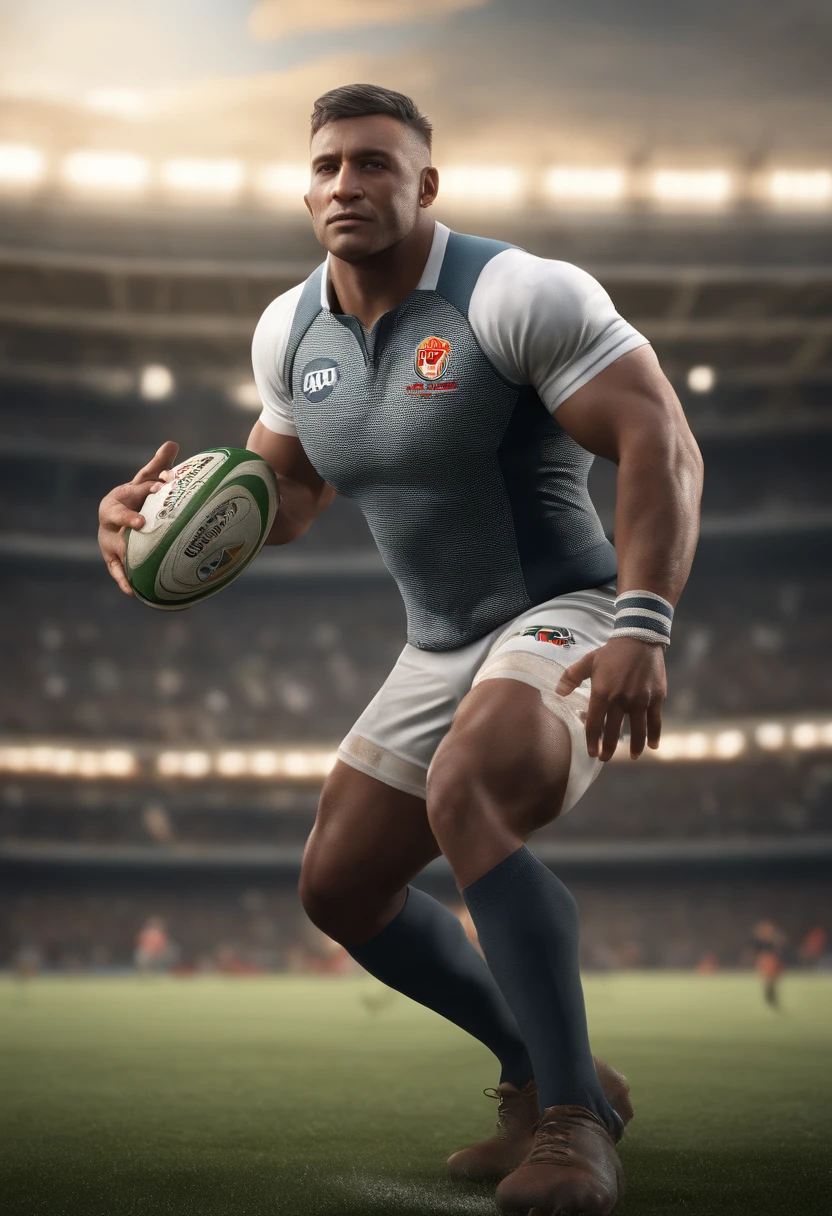 ((best quality)), ((masterpiece)), (detailed), A RUGBY PLAYER with burger king burger, (muscular:1.2), action shot, wide screen, south african rugby uniform, [grey | dark | grey hair], meccog, cog, 5 fingers, detailed hand, QuickHands, highly detailed eyes, look at camera, sun shine, open rugby field, hyperrealism, rim lighting, fantasy scifi creature, hyper realistic, intricate design, insanely detailed, (cinematic, ultra HD textures, highly detailed, intricate detail, photorealistic, concept art, autodesk maya, vray render, ray tracing, hdr)