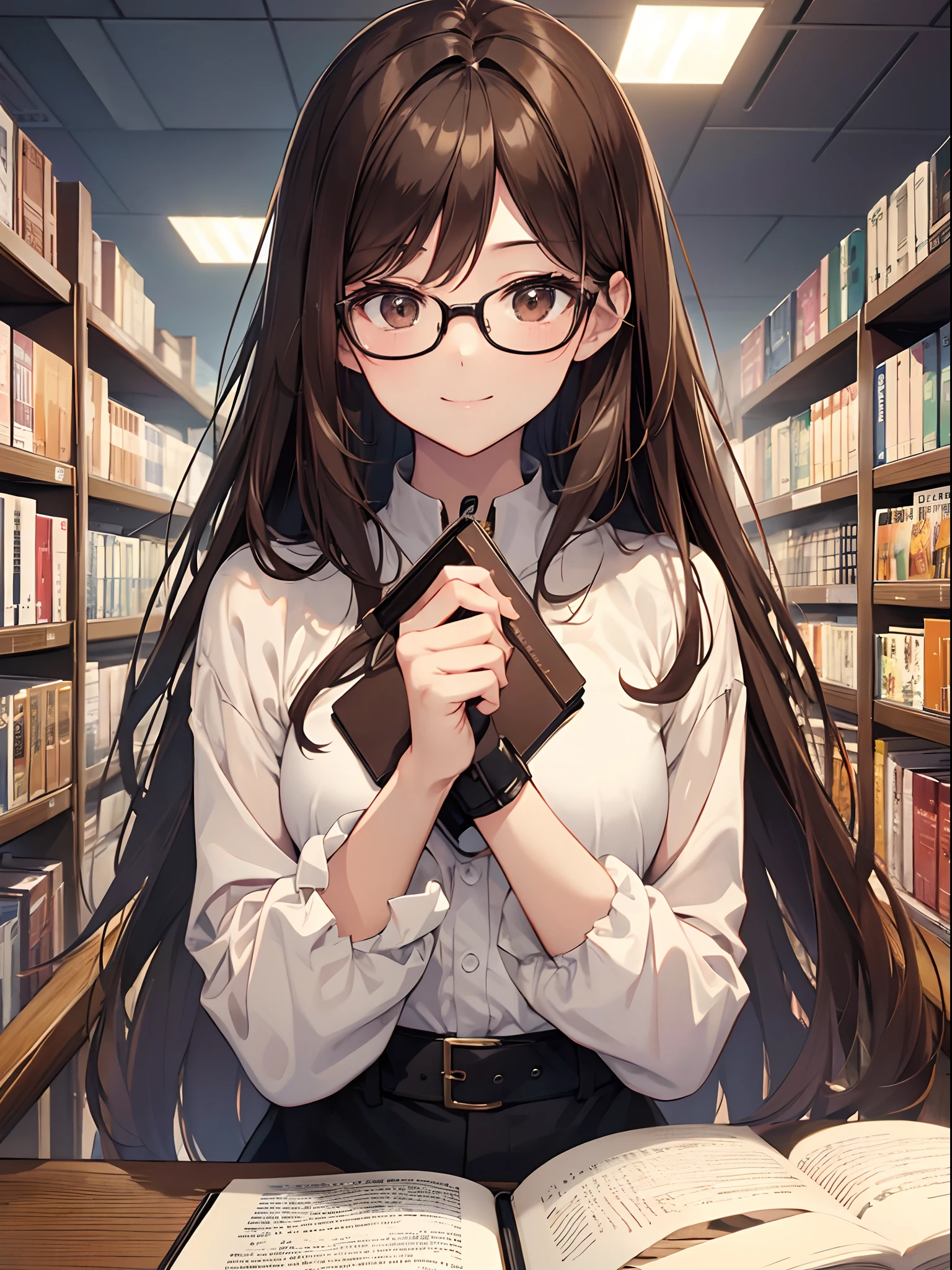 1 female、brown haired(Curta)、Brown eyes、Black-rimmed glasses、Best Quality、ultra-detailliert、8K resolution、Raw photo、masutepiece、gorgeous faces、Perfect body、a smile、atlibrary、Reading