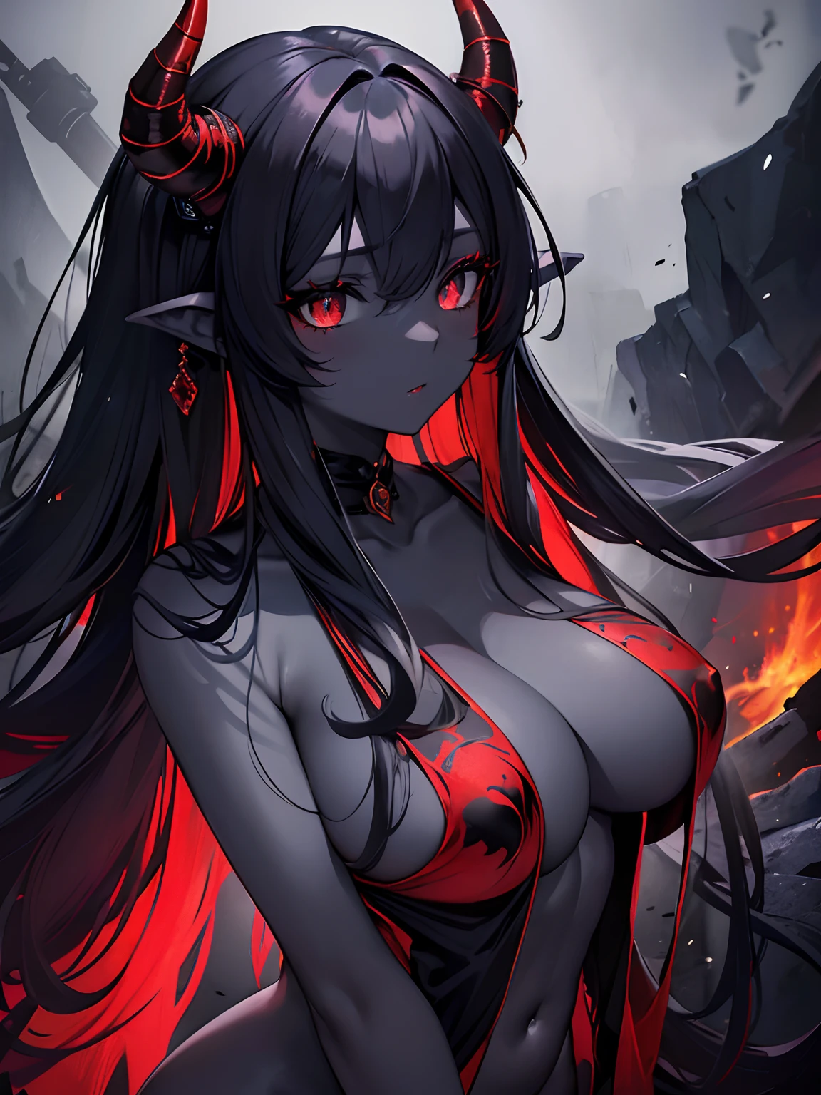 (Masterpiece, Best quality, ultra high resolution),1girl,long hair,dark black hair,(colored skin, red skin) oni horns, big breasts, lingerie,beautiful and detailed face,detailed eyes,(without clothes,naked),((gray and blue theme))