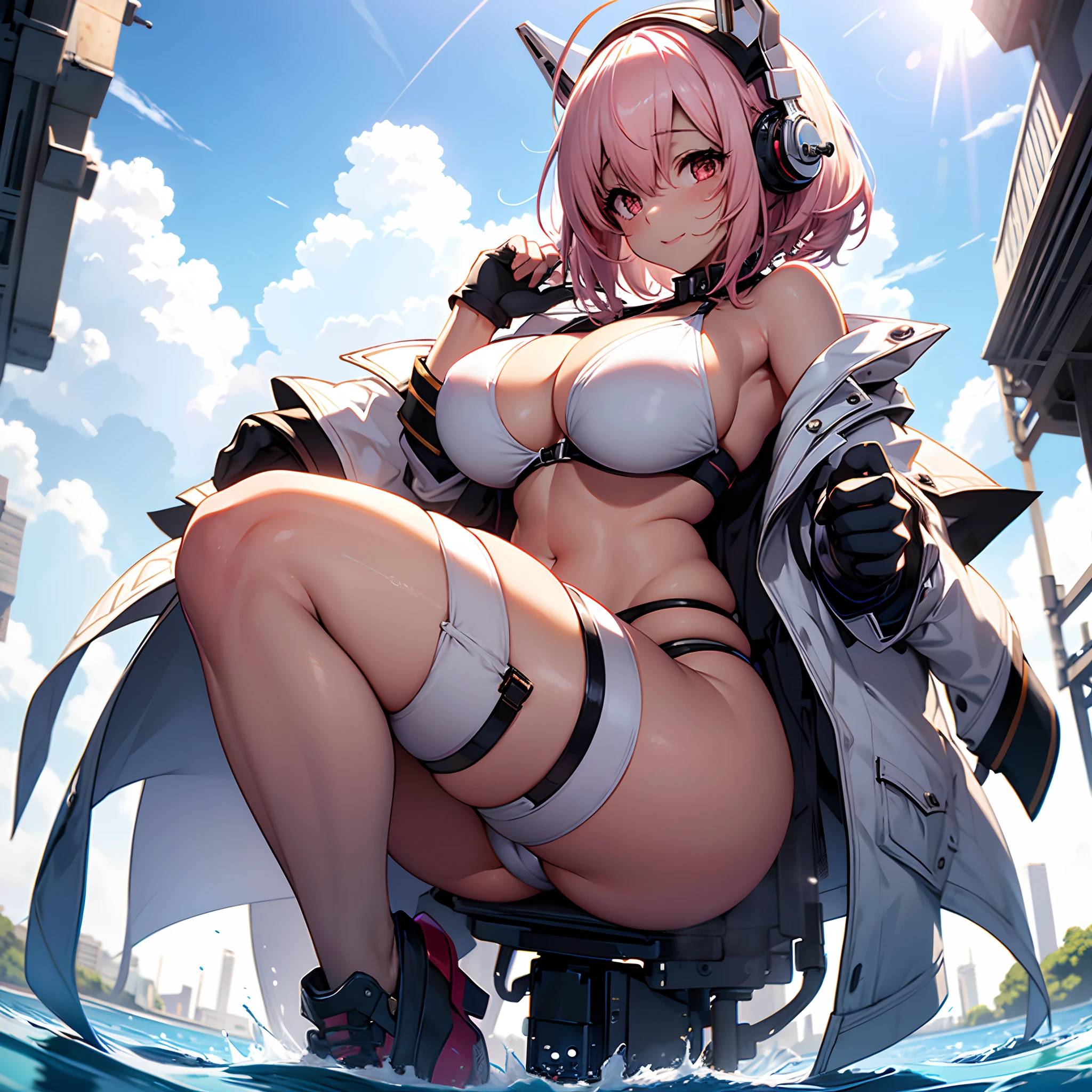 an attractive woman, naked girl, super sonico, solo, pink hair, long breasts, huge breasts, her chest overflows through her clothes, Pose that shows off the armpits, raise her elbows higher than her head, open her legs wide, squat, large hip, short bob hair, navel, blush, spread legs, dark red eyes, looking at viewer, cleavage, Laughter, white gloves, white  stocking, white Slingshot bikini, Elbows are in a high position, Soaked in milk ,whole body, Blue sky background, Plump, Backlit, dark shadow, Composition looking up from the ground, fisheye lens effect, Composition looking up from a close distance