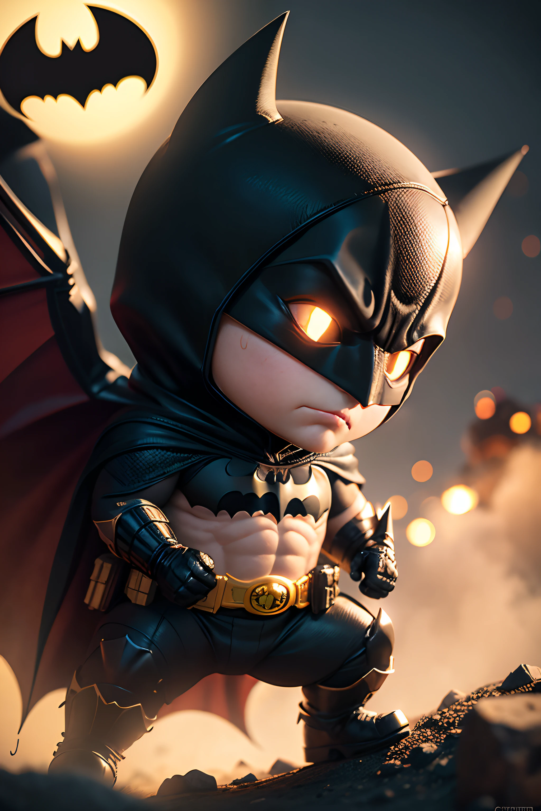 cinematic shot of realistic cute Batman, Chibi version, cercado por fogo, sem costura, epic, cinemactic, detalhes intrincados, premiado, great lighting, sombreamento, alta qualidade, detalhado