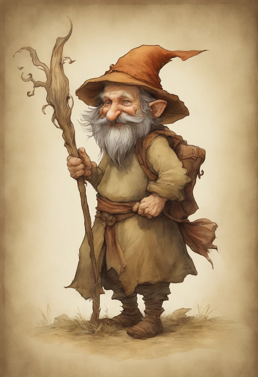 Close-up of a cartoon gnome with a hat and backpack, trajes azuis, a stick in the left hand, arte conceitual par Tony DiTerlizzi, Vencedor do concurso Artstation, Inculto, Brian Froud Juan Gimenez, Retrato de um gnomo chamado Eldon, Jean - Baptiste Monge, Estilo Brian Froud, Monge Jean-Baptiste Monge, John the Baptist Monk. Aparencia jovial, jovem, sorridente, sonhador