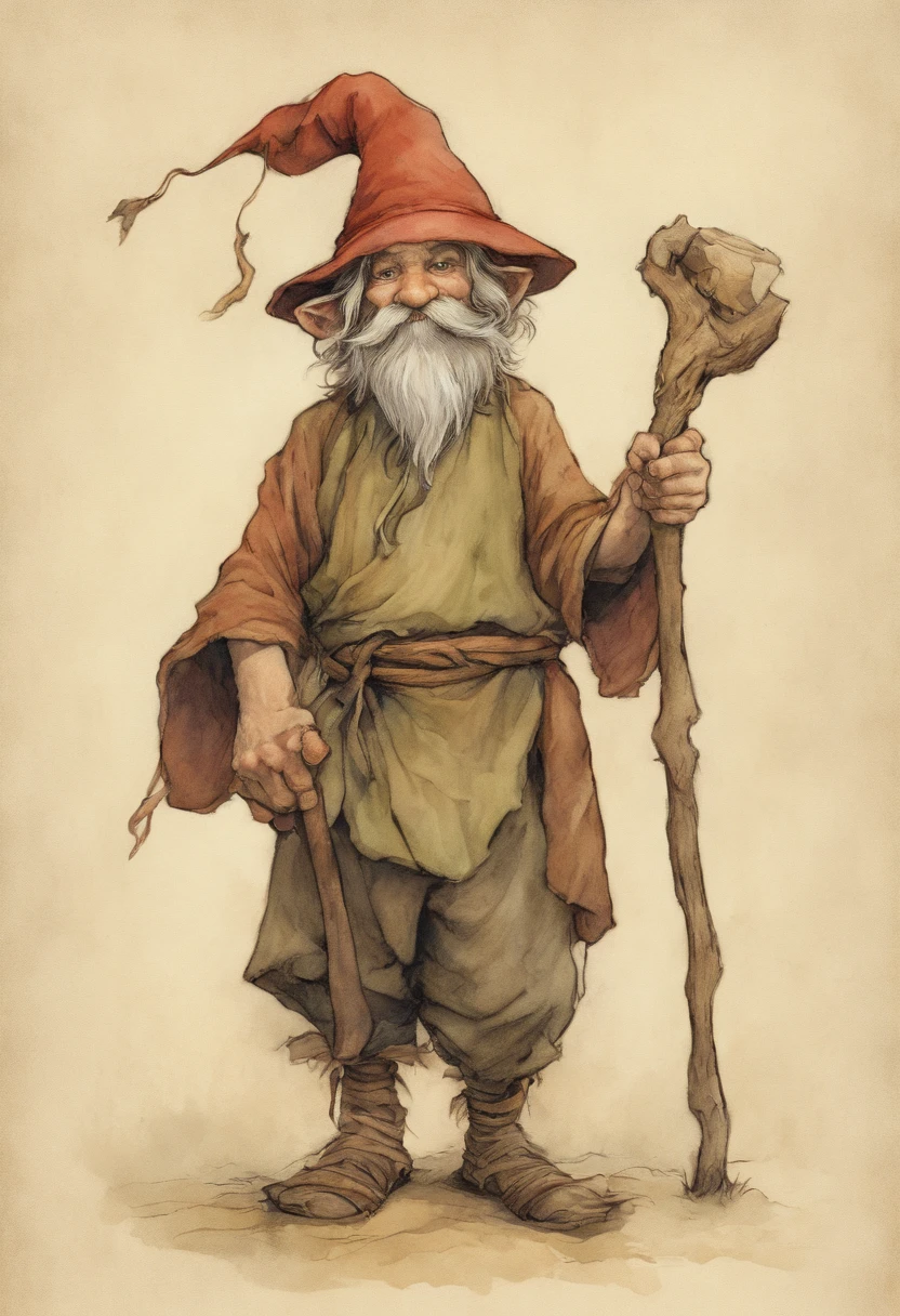 Close-up of a cartoon gnome with a hat and backpack, trajes azuis, a stick in the left hand, arte conceitual par Tony DiTerlizzi, Vencedor do concurso Artstation, Inculto, Brian Froud Juan Gimenez, Retrato de um gnomo chamado Eldon, Jean - Baptiste Monge, Estilo Brian Froud, Monge Jean-Baptiste Monge, John the Baptist Monk. Aparencia jovial, jovem, sorridente, sonhador