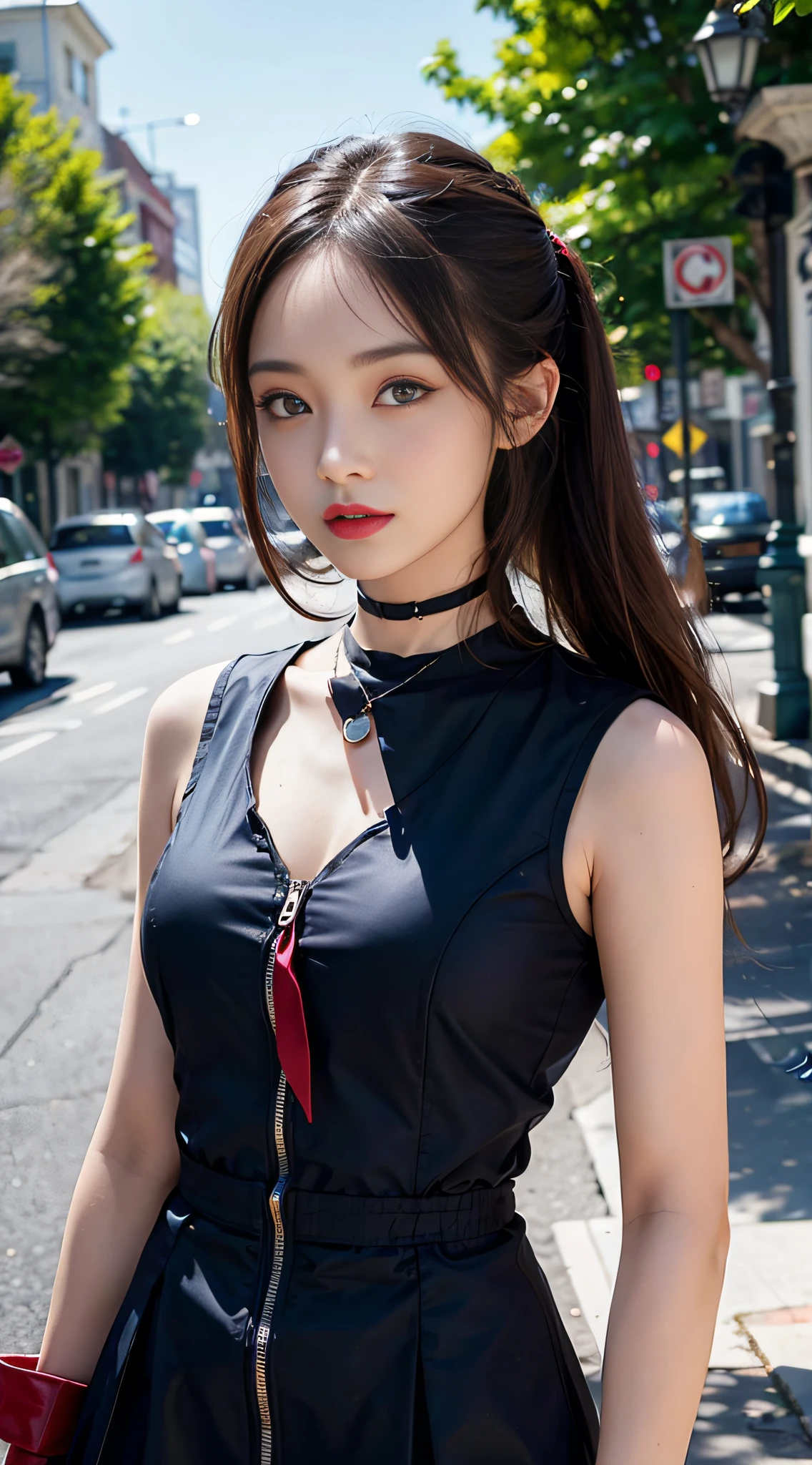 A close up of a woman in a black dress on a city street - SeaArt AI