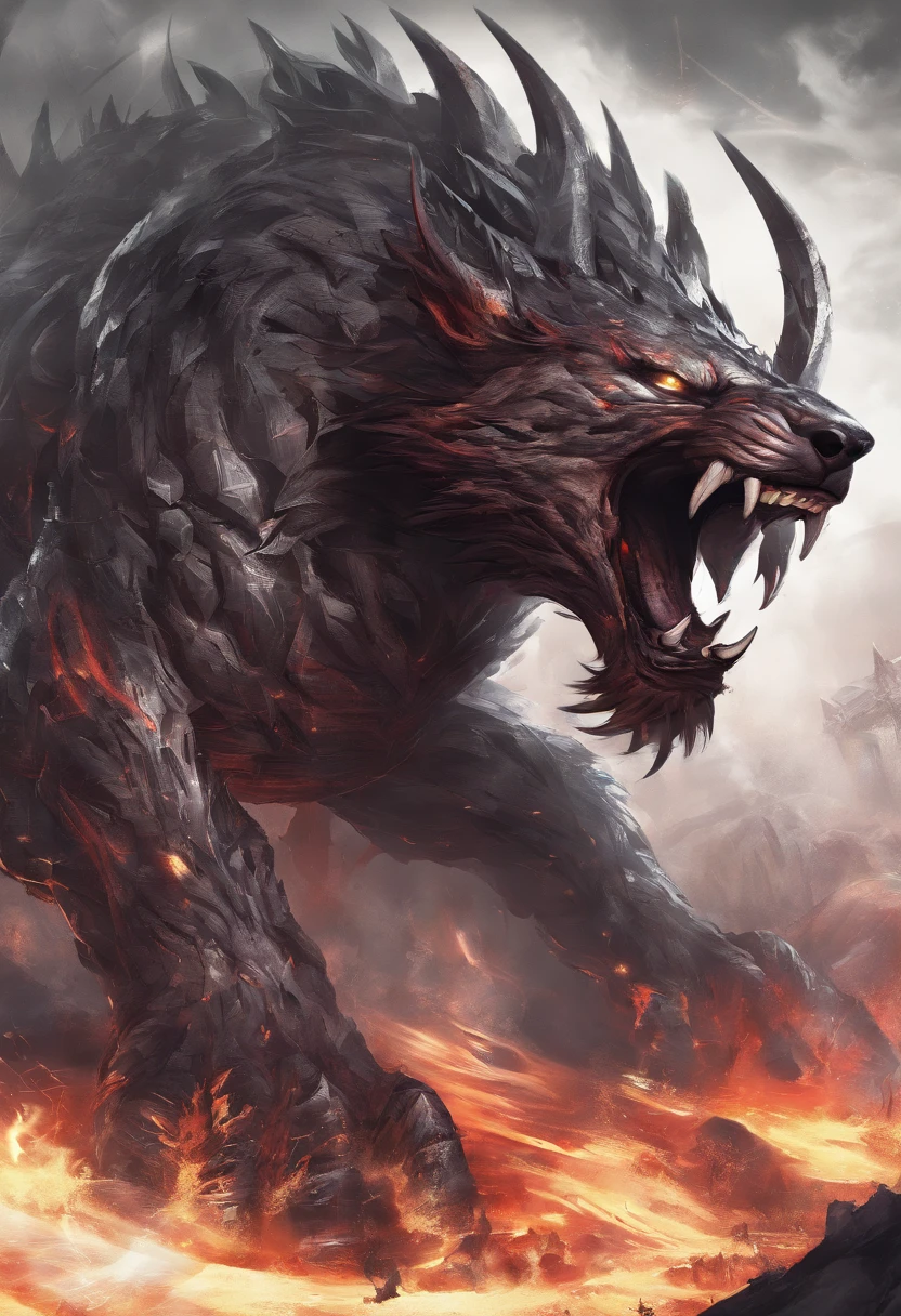 Strange monsters in a fantasy world，sabertooth tiger，long canine teeth，Strong limbs，Covered in flames，Blood，Covered with thick spikes，Moon Night，中景 the scene is，Full body like， highly detailed surreal vfx，oc rendered，Shot with 70 mm - AR 16:9 --q 2 --s 1000