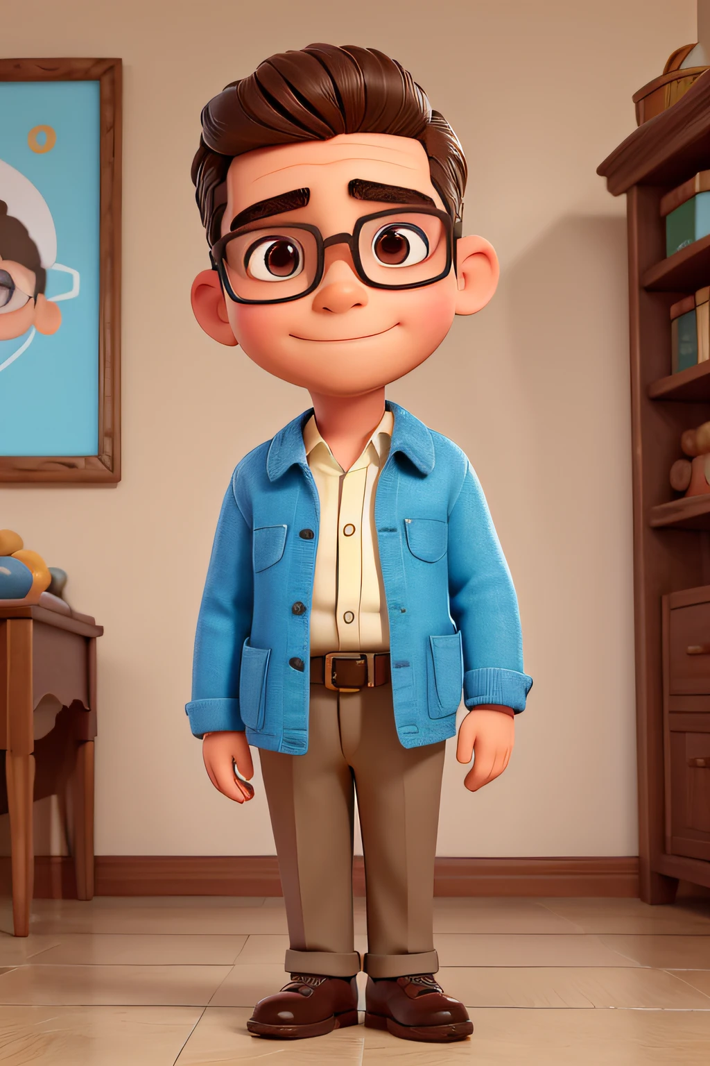 bonito pequeno historiador masculino 38 anos de idade, huge head, cebelos curto, wearing thin-framed glasses of round gold, olhos altamente detalhados , whole body view, figuras de brinqued